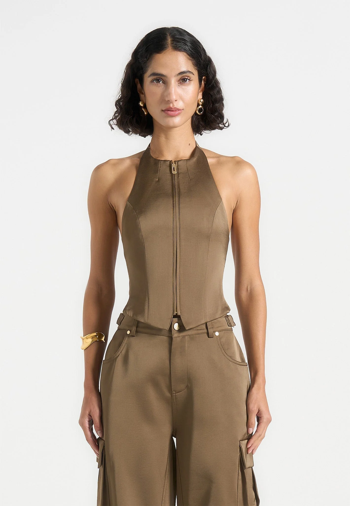 Claudette - Satin Halterneck Backless Top - Dark Olive - Image 5