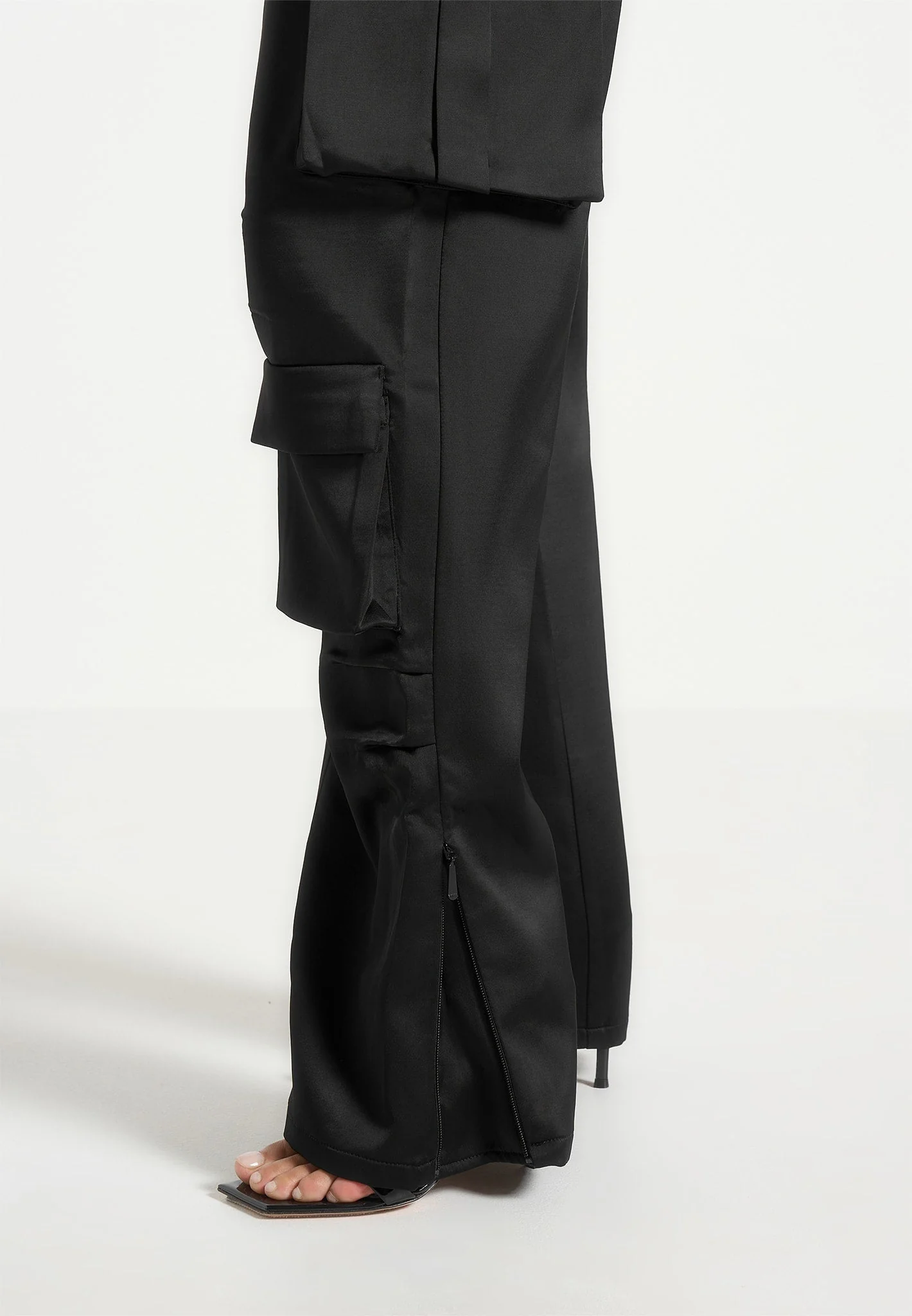 Emilie - Satin High Waisted Cargo Pants - Black - Image 4