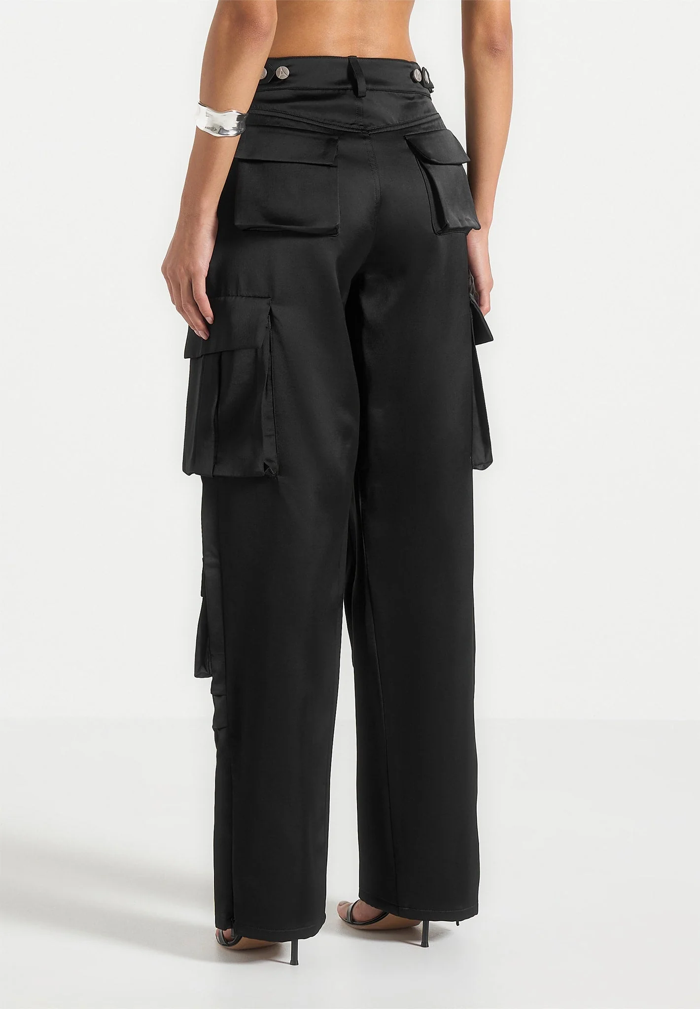 Emilie - Satin High Waisted Cargo Pants - Black - Image 5