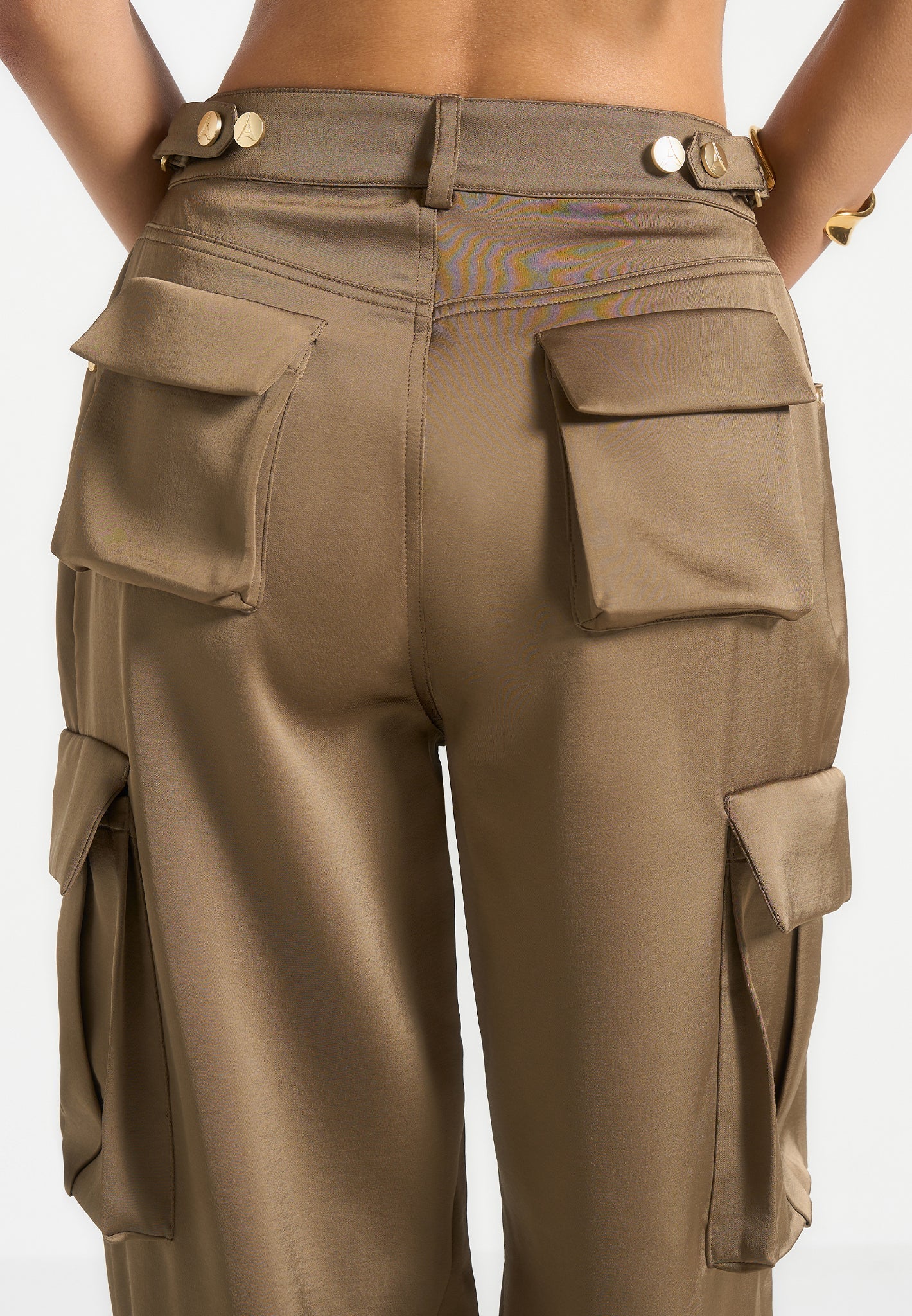 Emilie - Satin High Waisted Cargo Pants - Dark Olive - Image 4