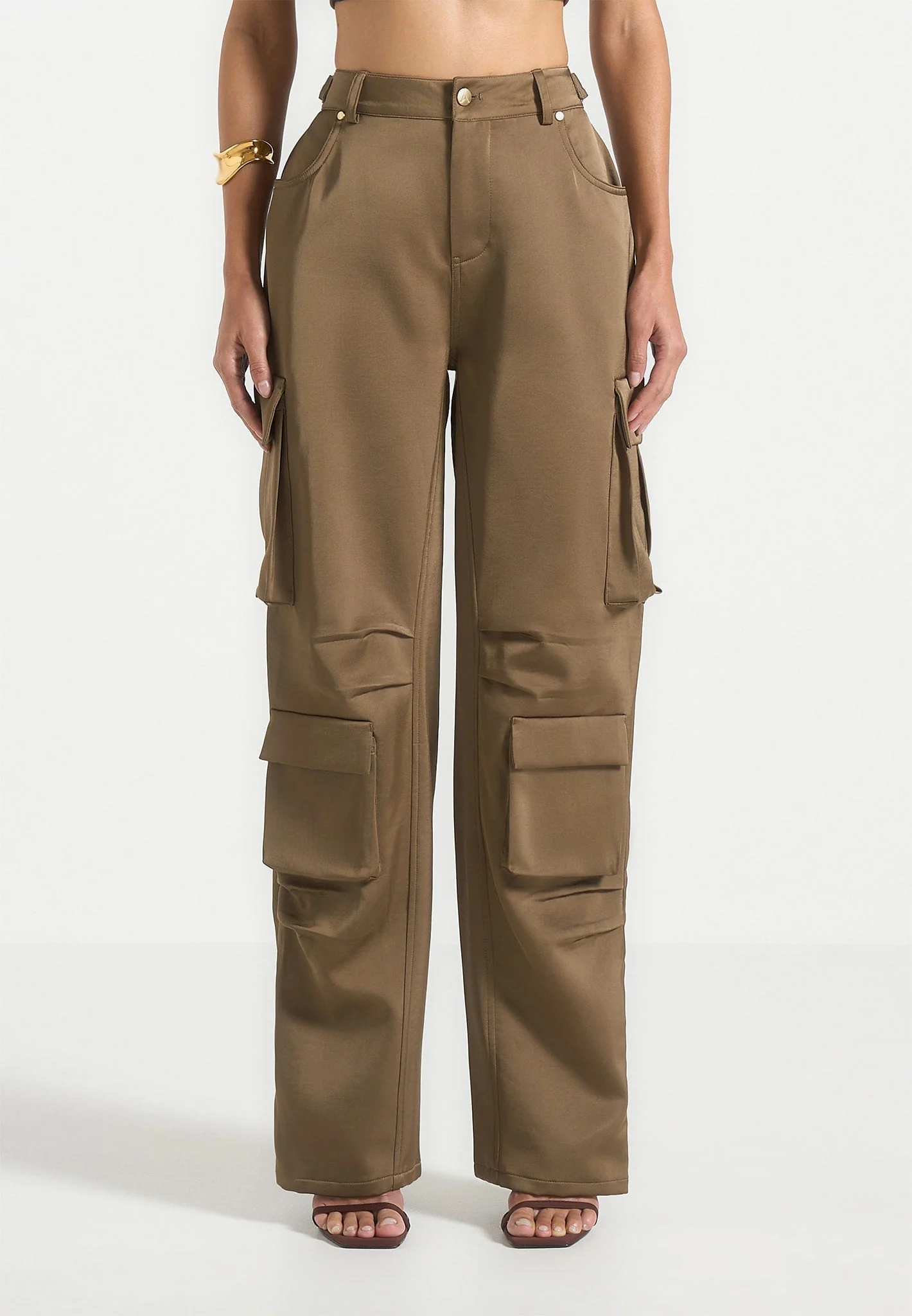 Emilie - Satin High Waisted Cargo Pants - Dark Olive - Image 6