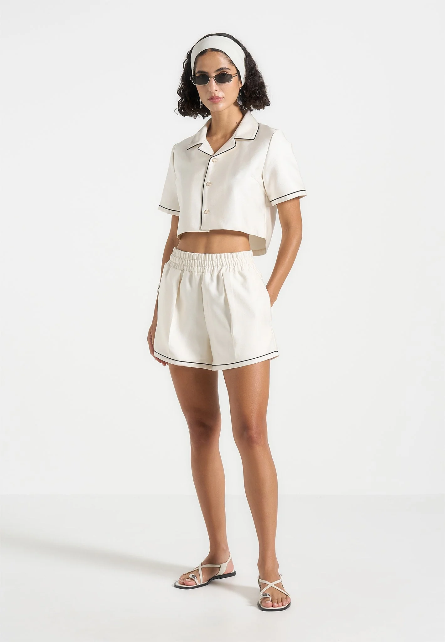 Melanie - Satin Shorts with Piping - Off White - Image 2
