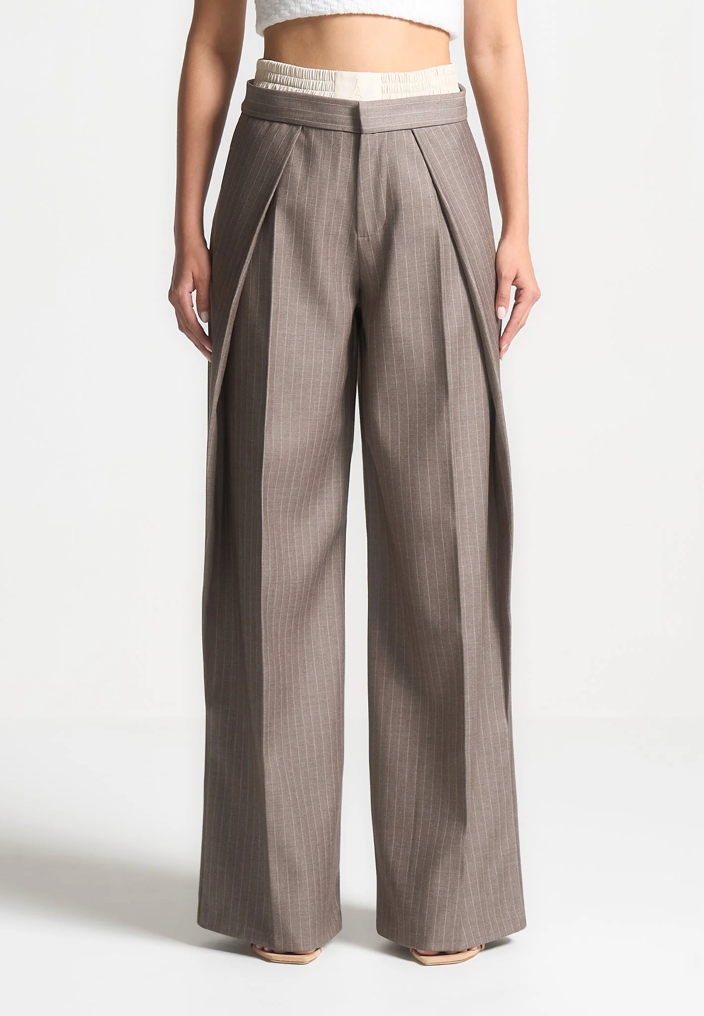 Sofia - Satin Waistband Pinstripe Trousers - Taupe - Image 3