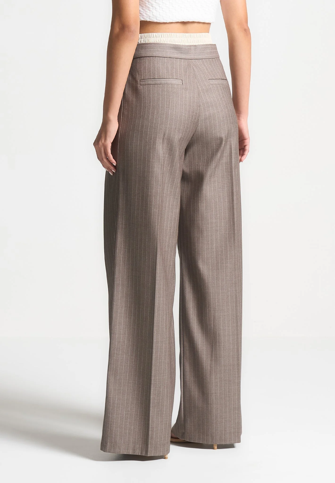 Sofia - Satin Waistband Pinstripe Trousers - Taupe - Image 4
