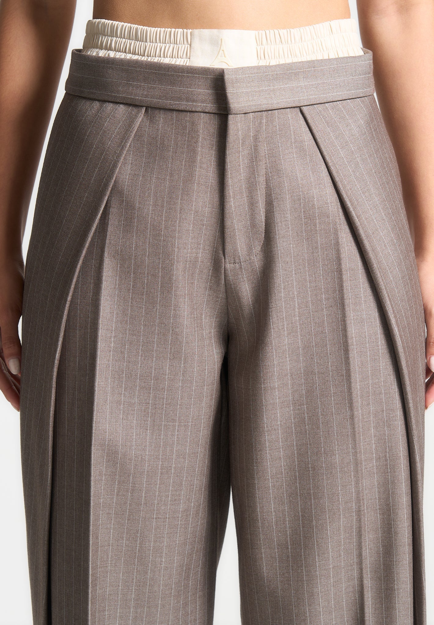 Sofia - Satin Waistband Pinstripe Trousers - Taupe - Image 5