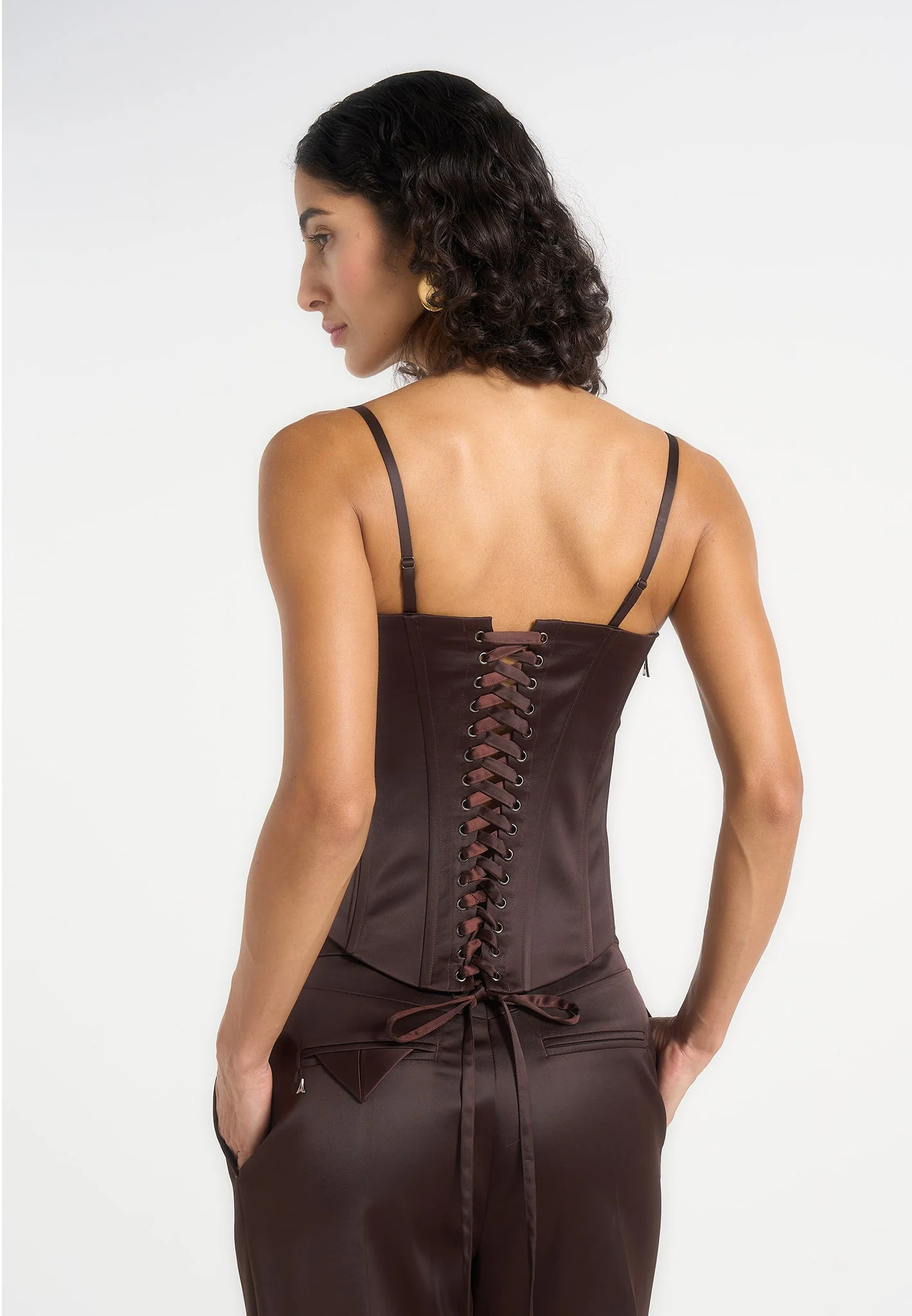 Scarlett - Satin Lace Up Corset - Brown - Image 2