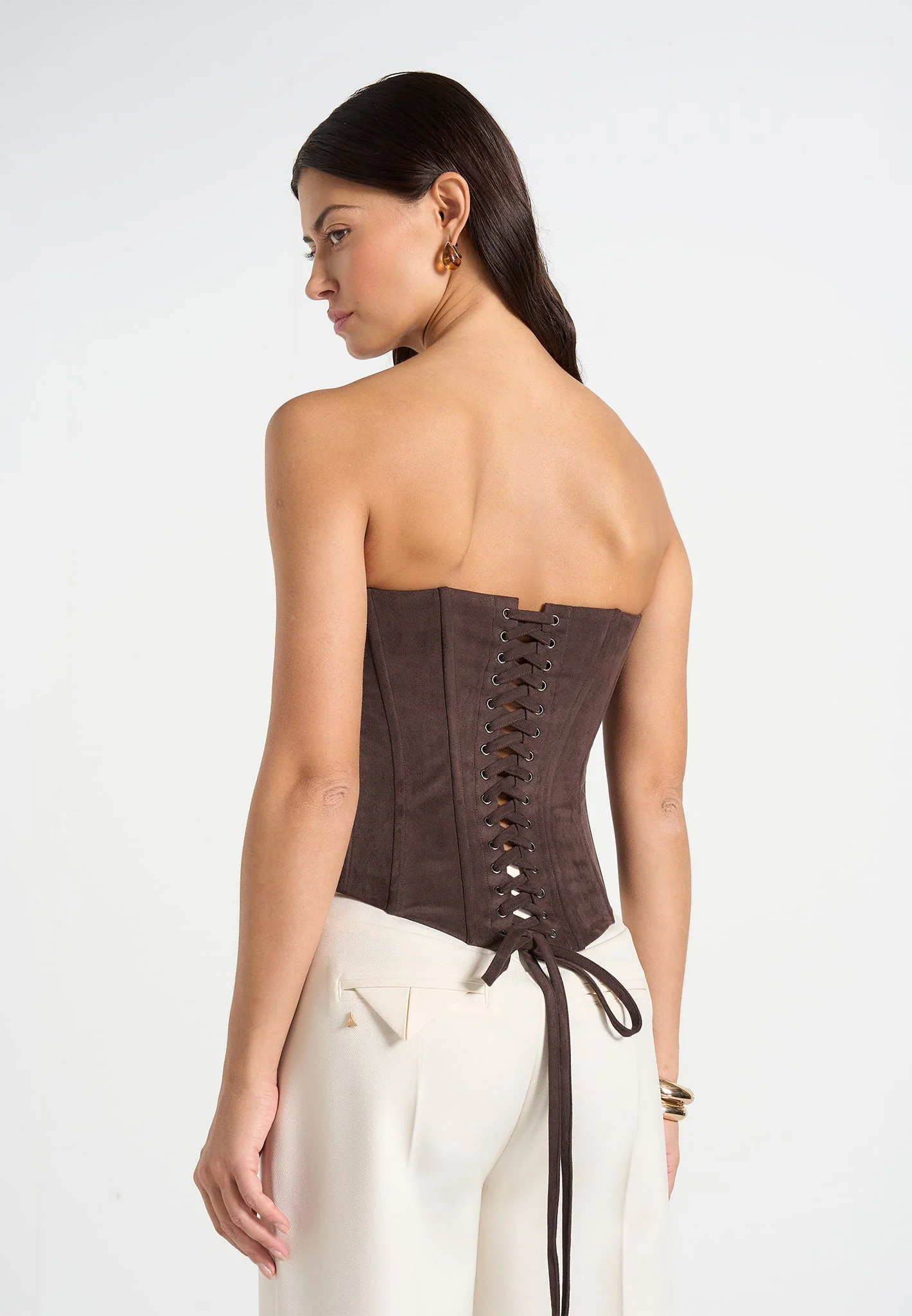 Scarlett - Suede Lace Up Corset - Brown - Image 11
