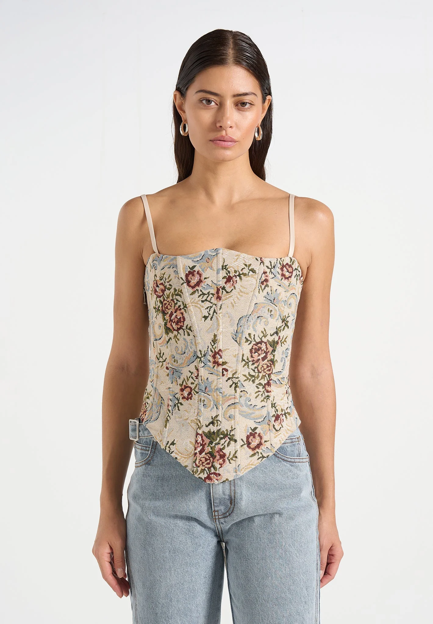 Scarlett - Tapestry Lace Up Corset  - Beige - Image 4