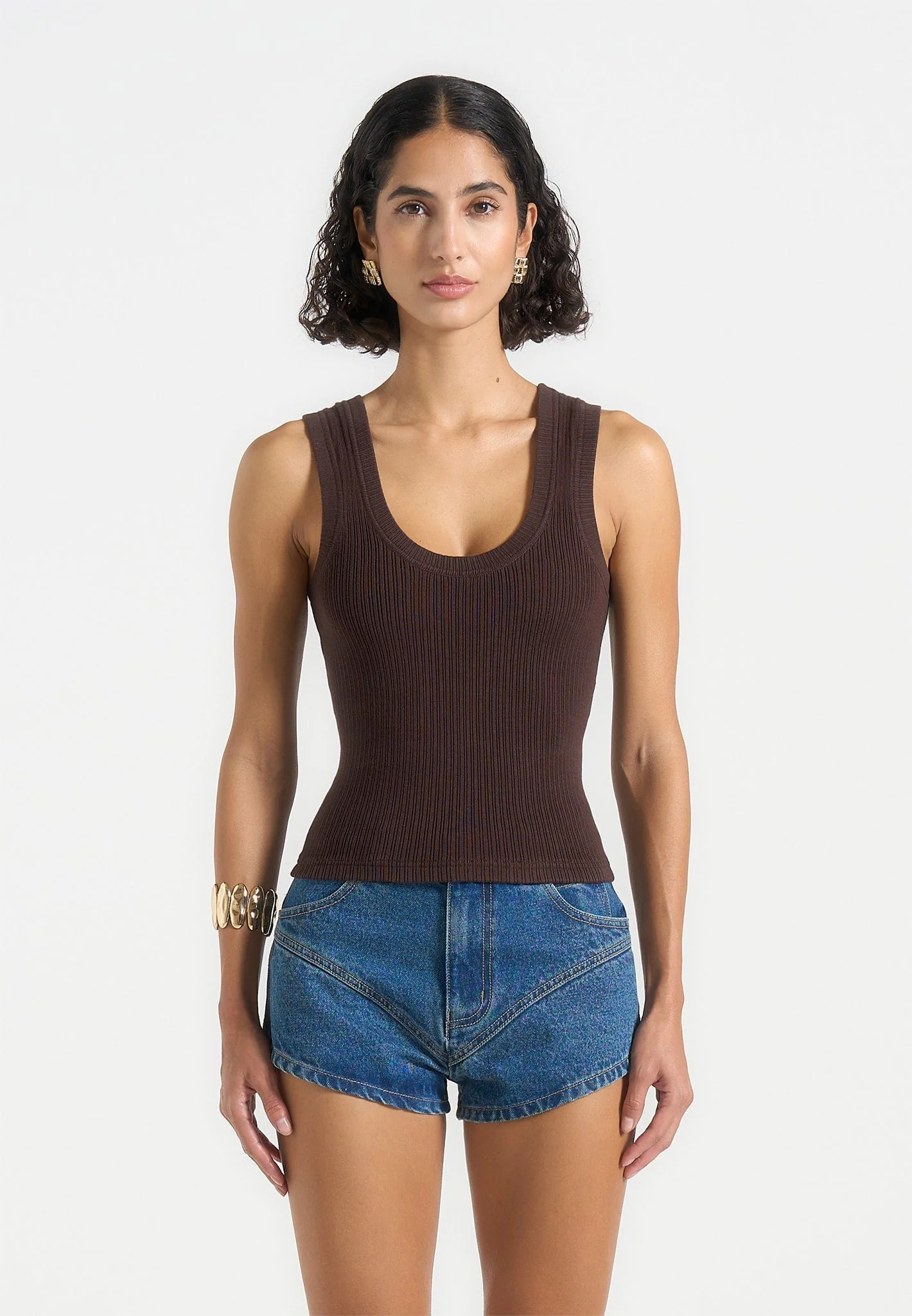 Liane - Scoop Neck Ribbed Tank Top - Brown - Image 4