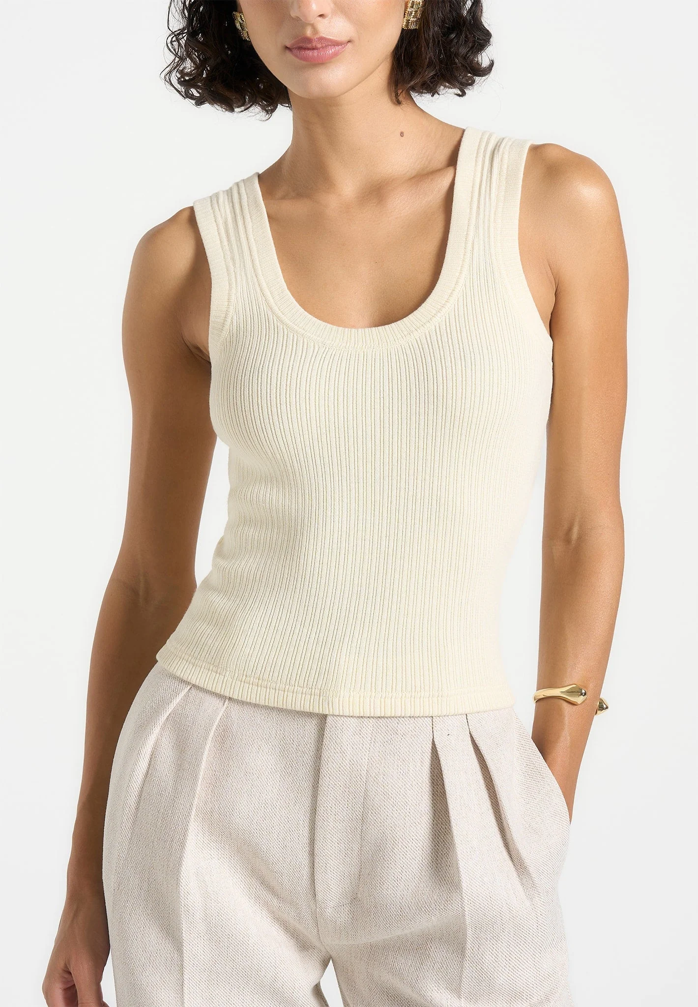 Liane - Scoop Neck Ribbed Tank Top - Cream