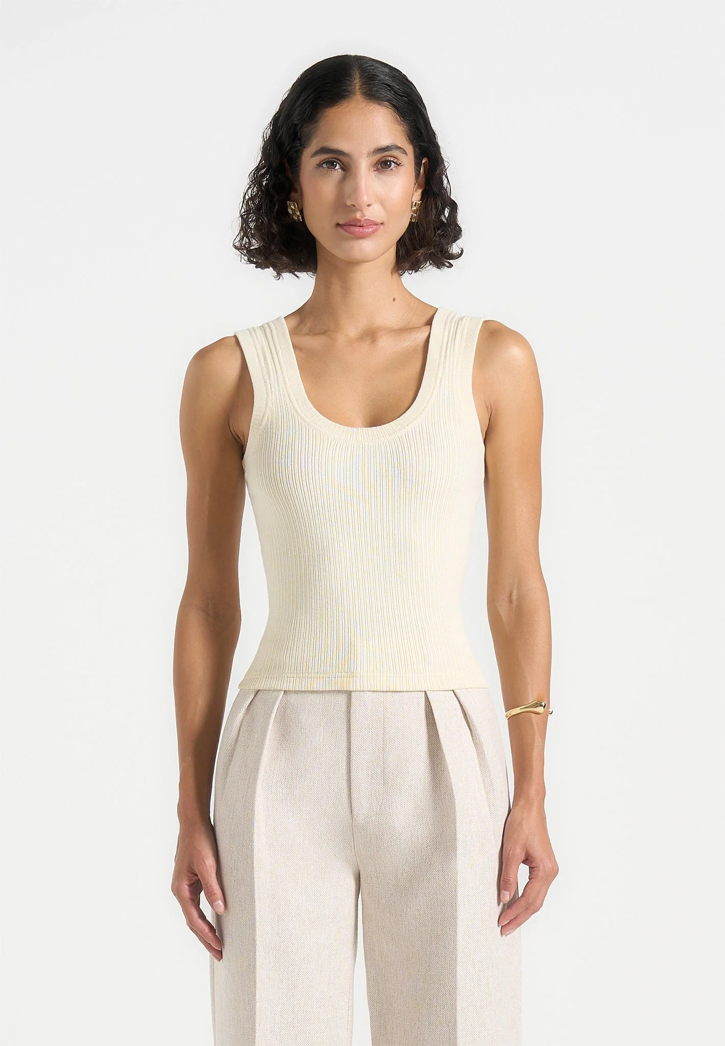 Liane - Scoop Neck Ribbed Tank Top - Cream - Image 4