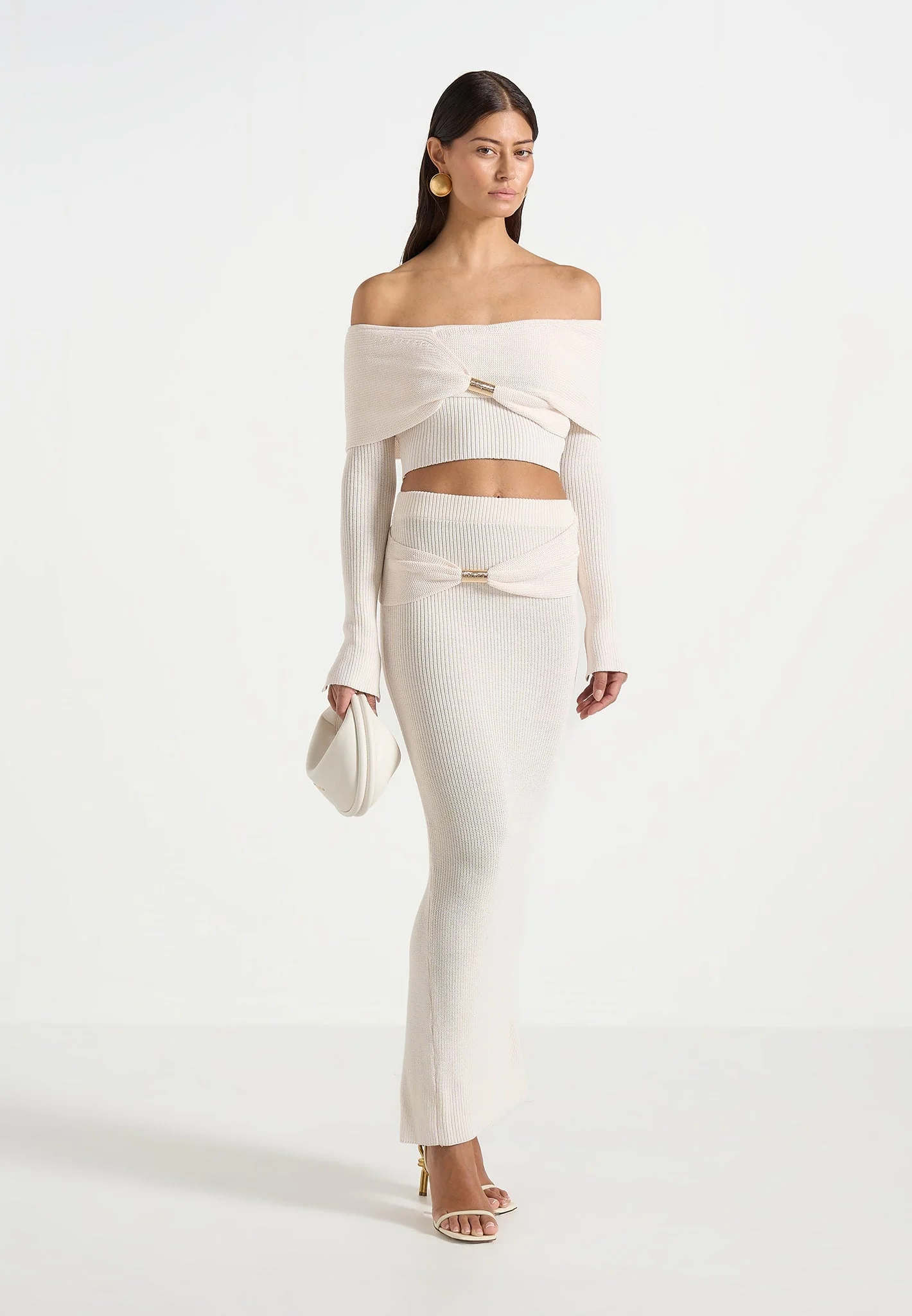 Shana - Asymmetric Bardot Top With Hardware Detail - Cream - Image 2