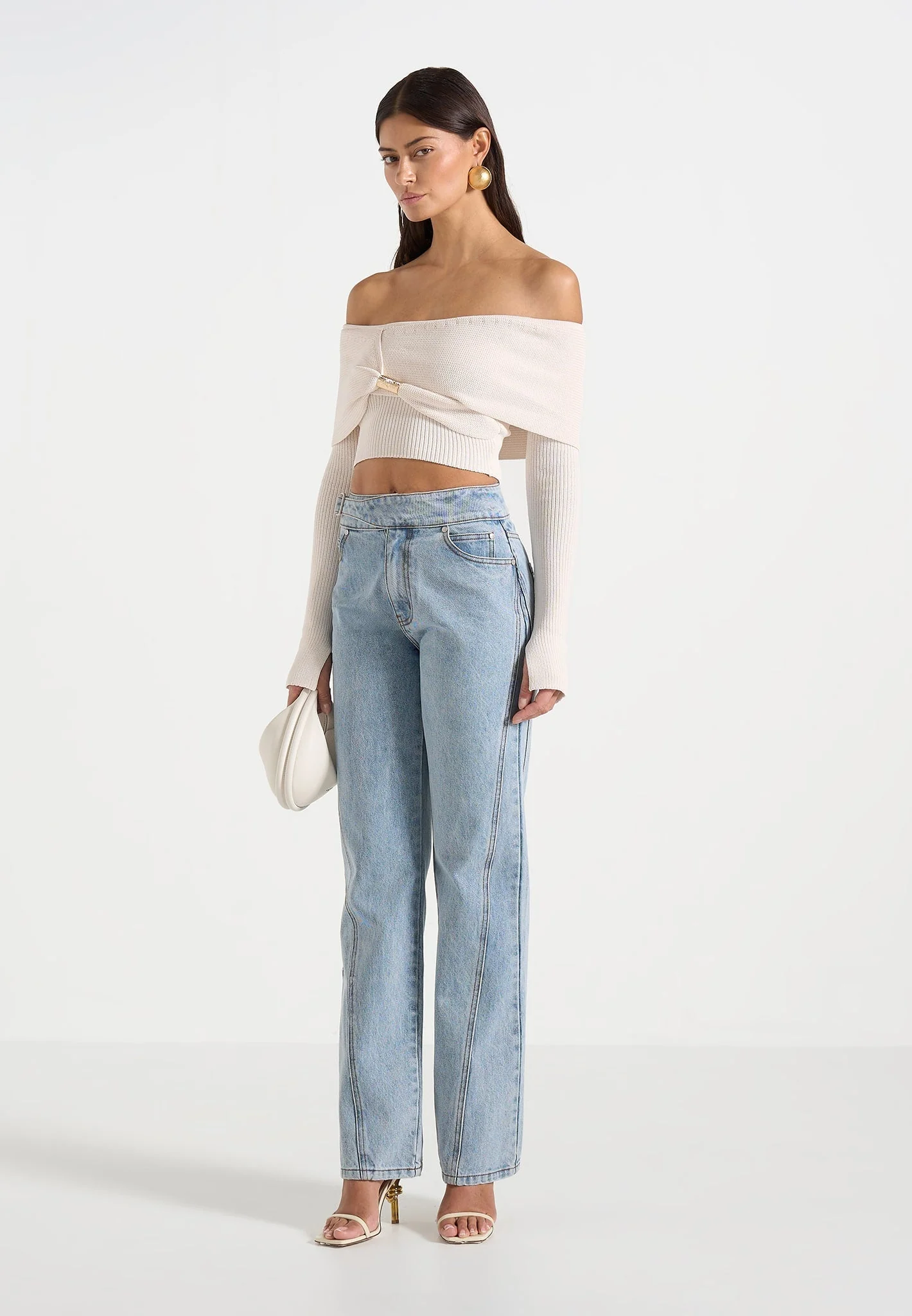 Shana - Asymmetric Bardot Top With Hardware Detail - Cream - Image 4