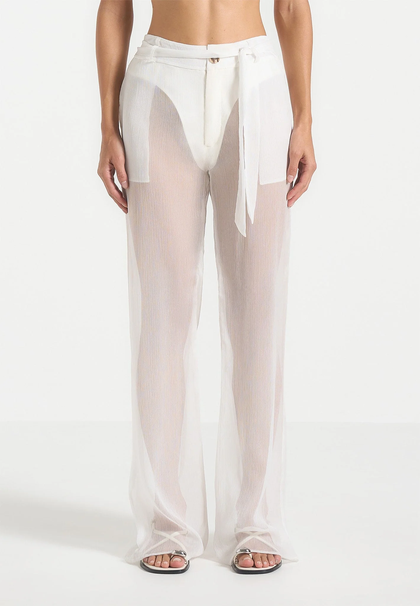 Sheer Belted Trousers - White - Image 4