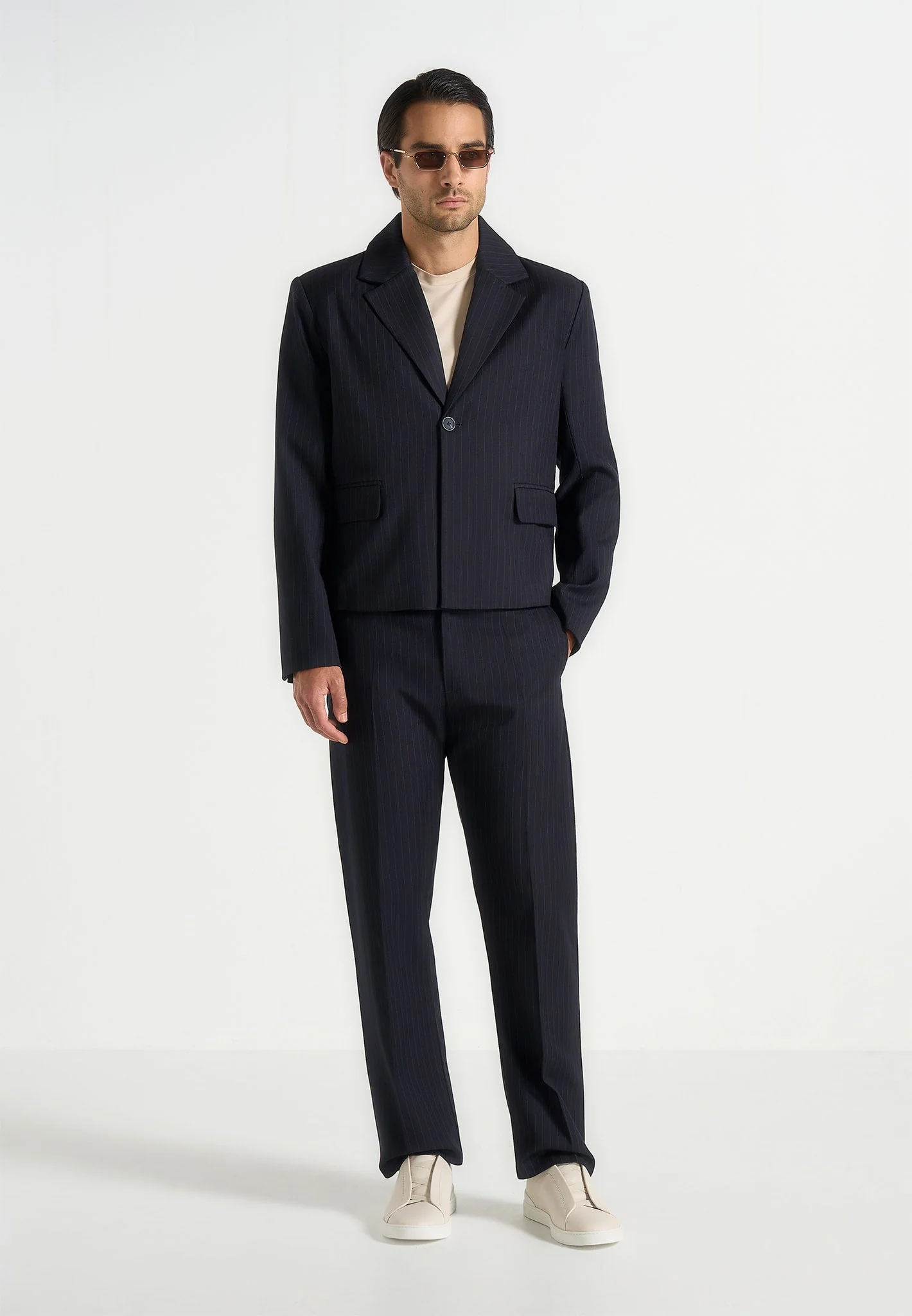 Silas - Pinstriped Tailored Cropped Blazer - Navy - Image 2