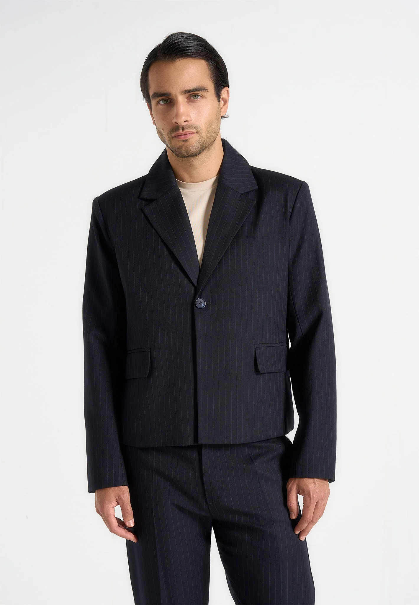 Silas - Pinstriped Tailored Cropped Blazer - Navy - Image 3