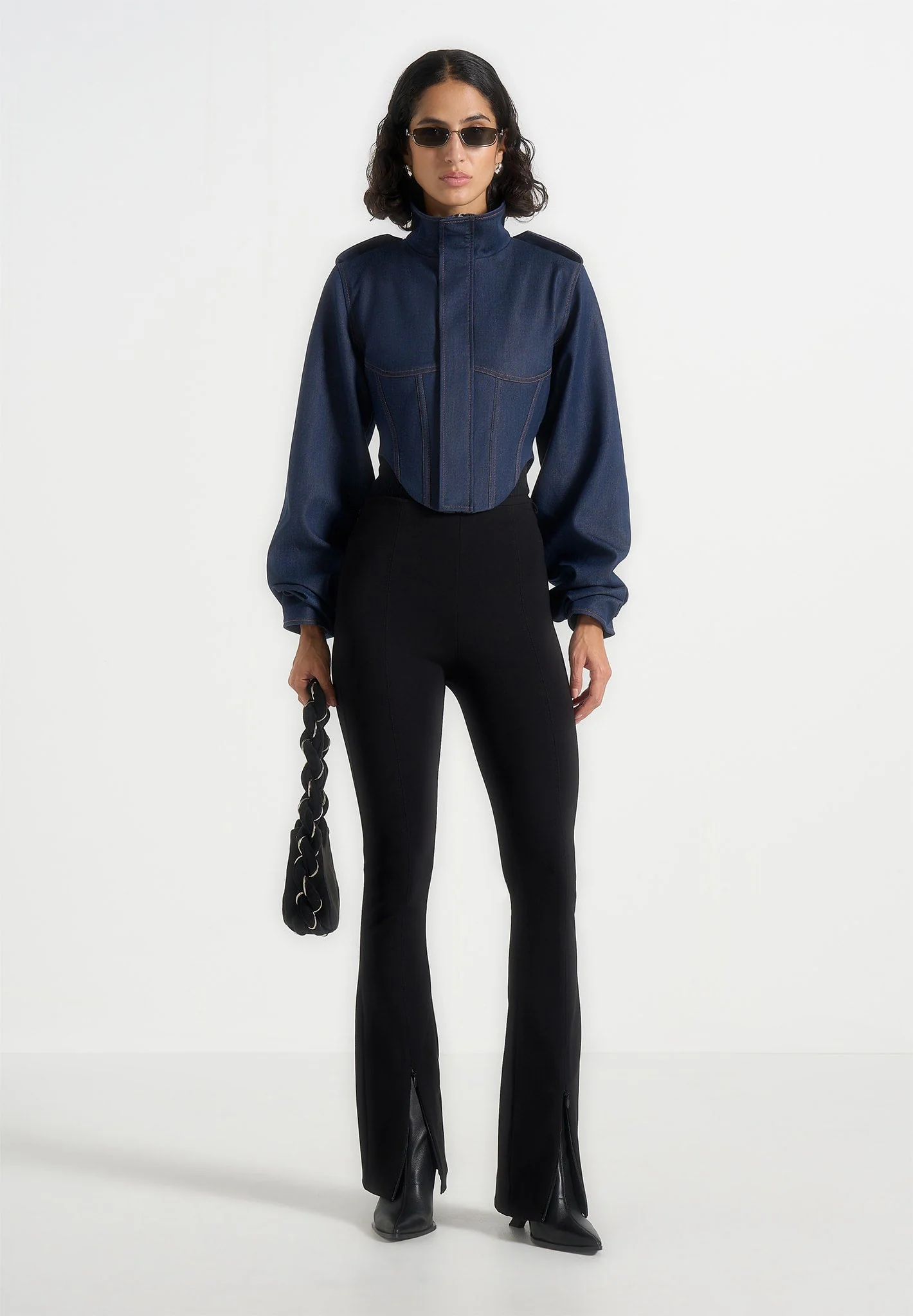 Solange - Denim Tacked Sleeve Corset Jacket - Indigo - Image 2
