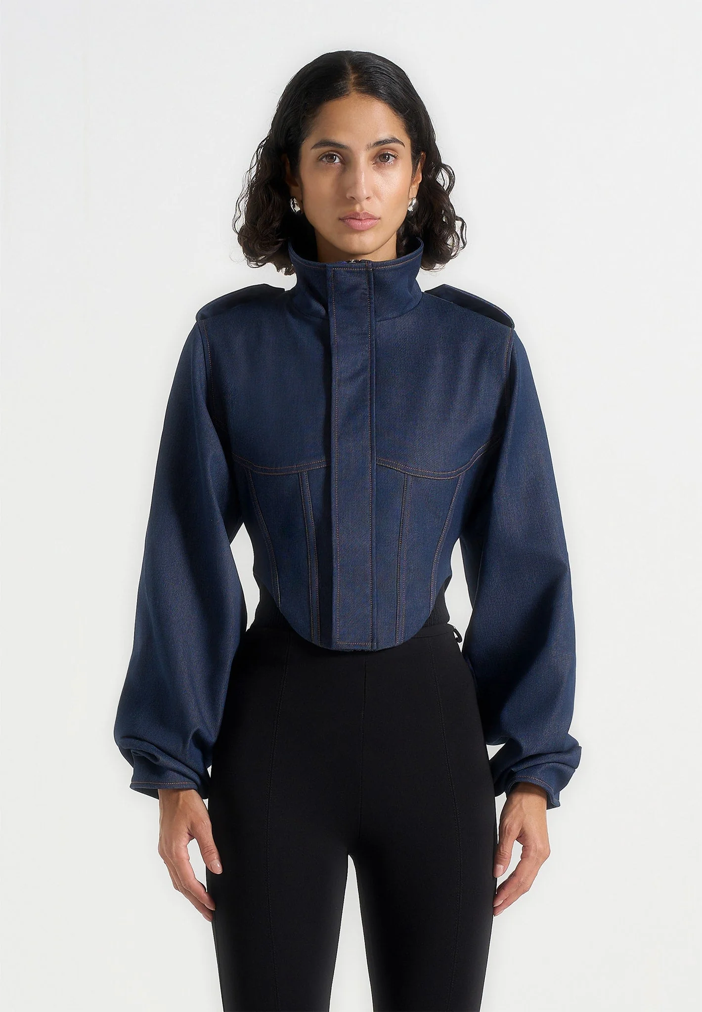 Solange - Denim Tacked Sleeve Corset Jacket - Indigo - Image 3