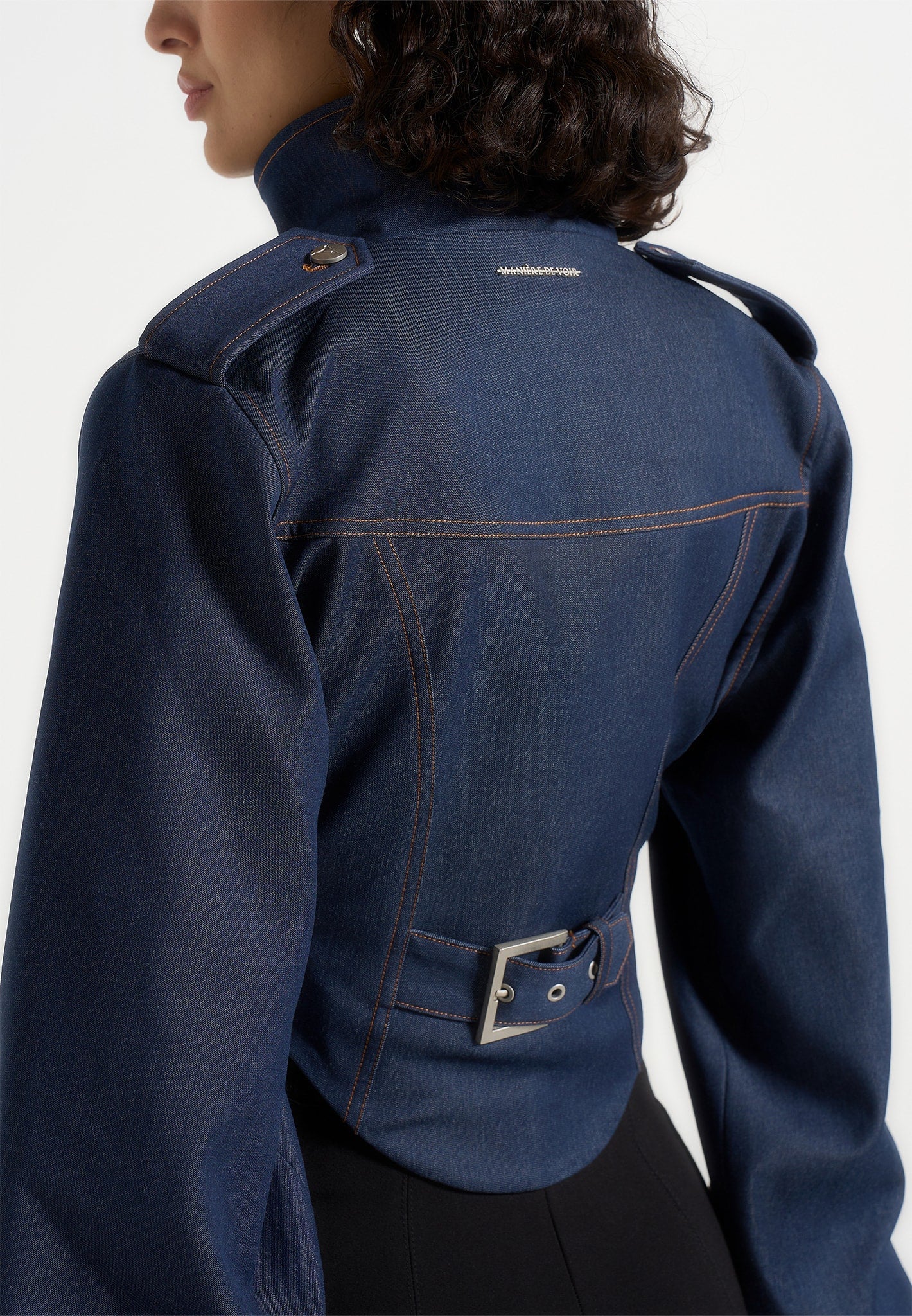 Solange - Denim Tacked Sleeve Corset Jacket - Indigo - Image 4