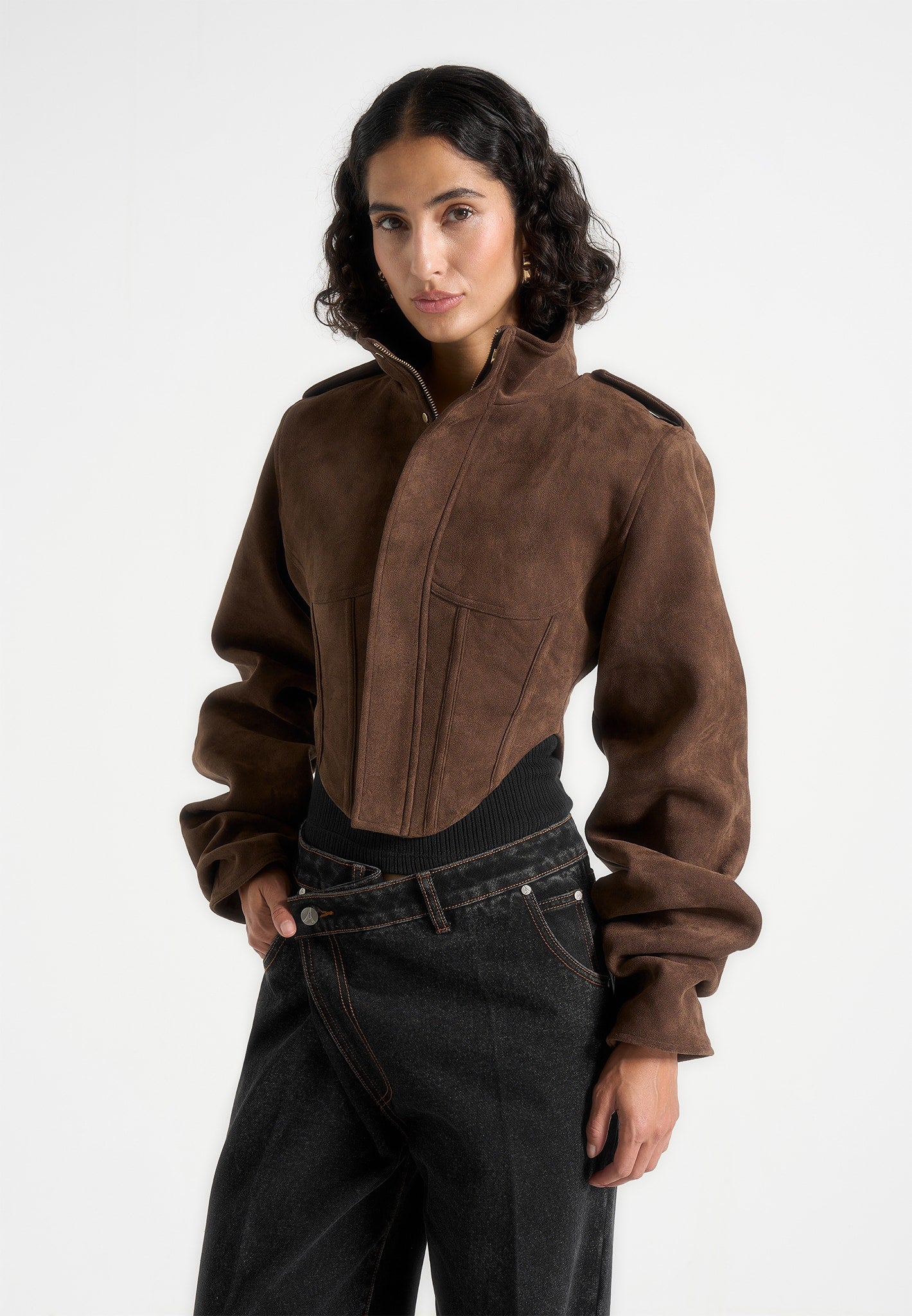 Solange - Suede Tacked Sleeve Corset Jacket - Brown - Image 3