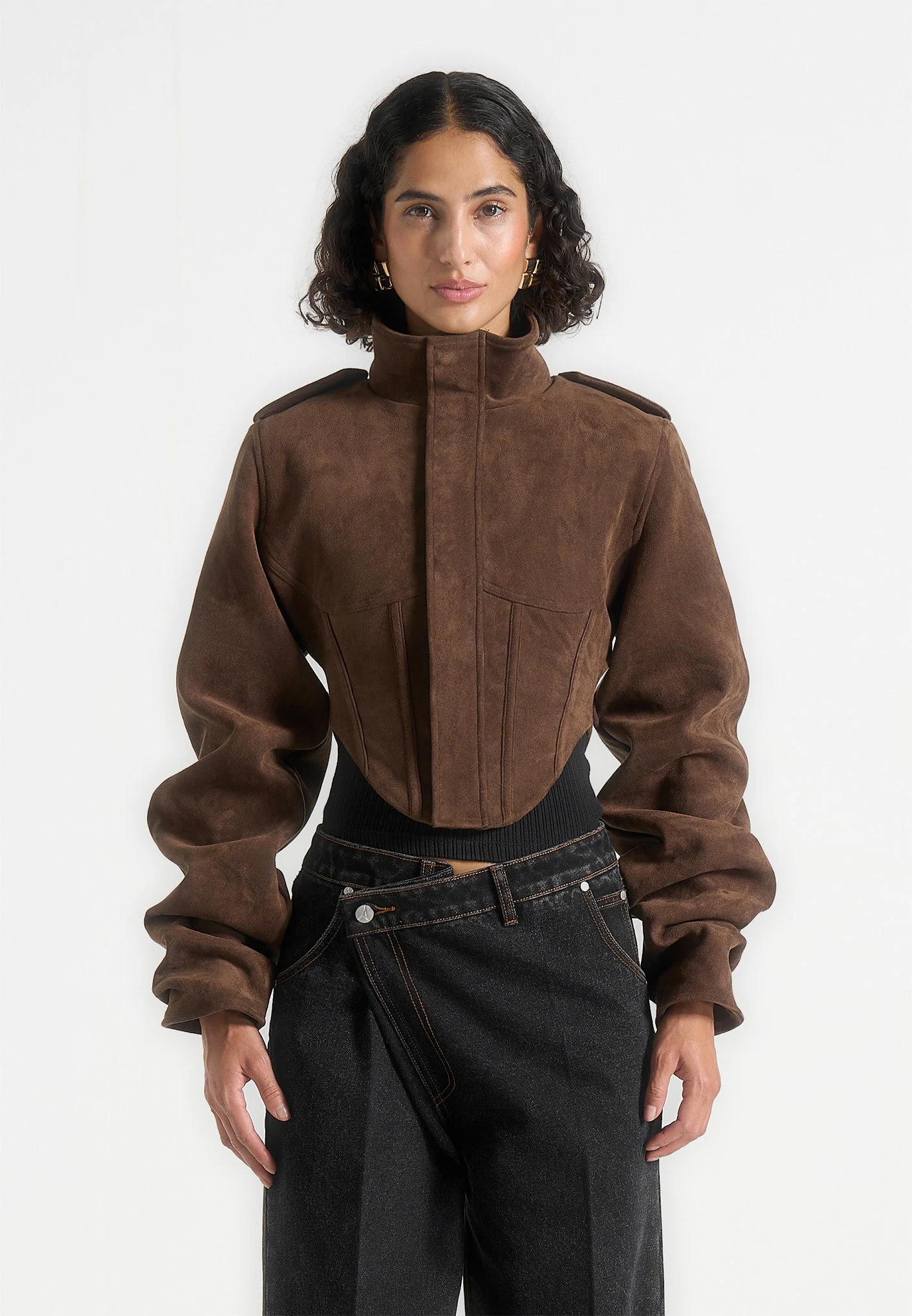 Solange - Suede Tacked Sleeve Corset Jacket - Brown - Image 4