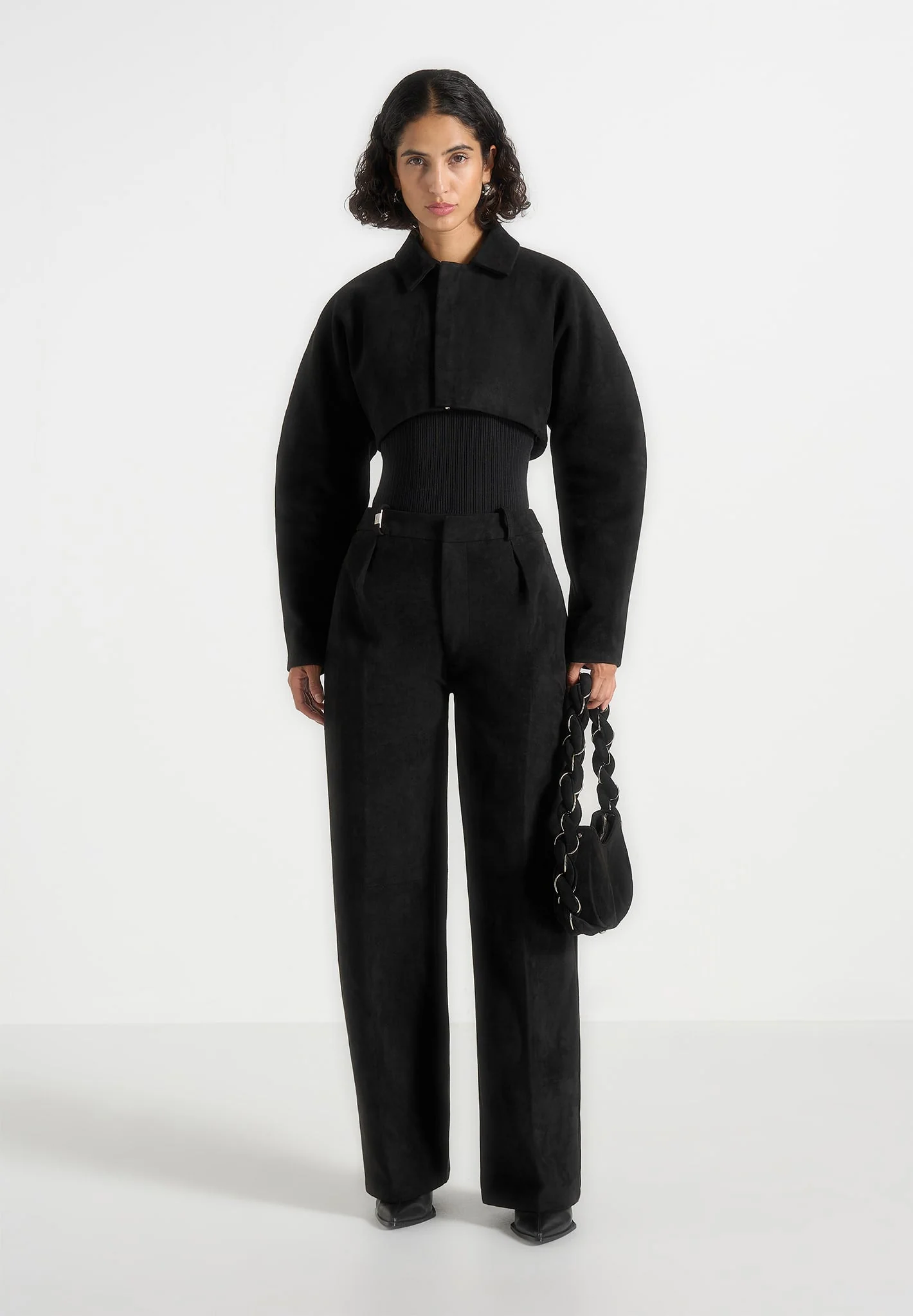 Solene - Suede Wide Leg Pleated Trousers - Black - Image 2