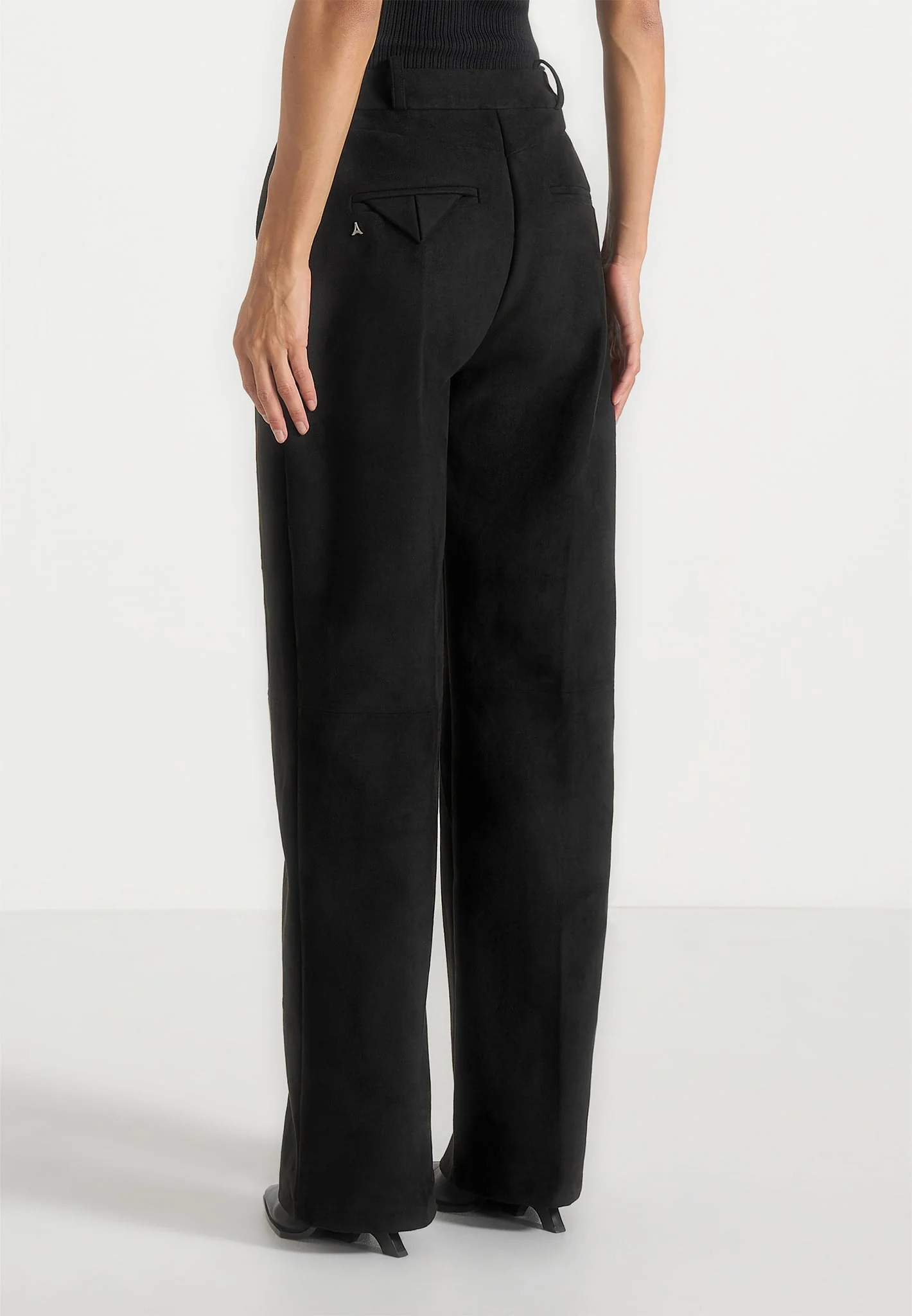 Solene - Suede Wide Leg Pleated Trousers - Black - Image 5