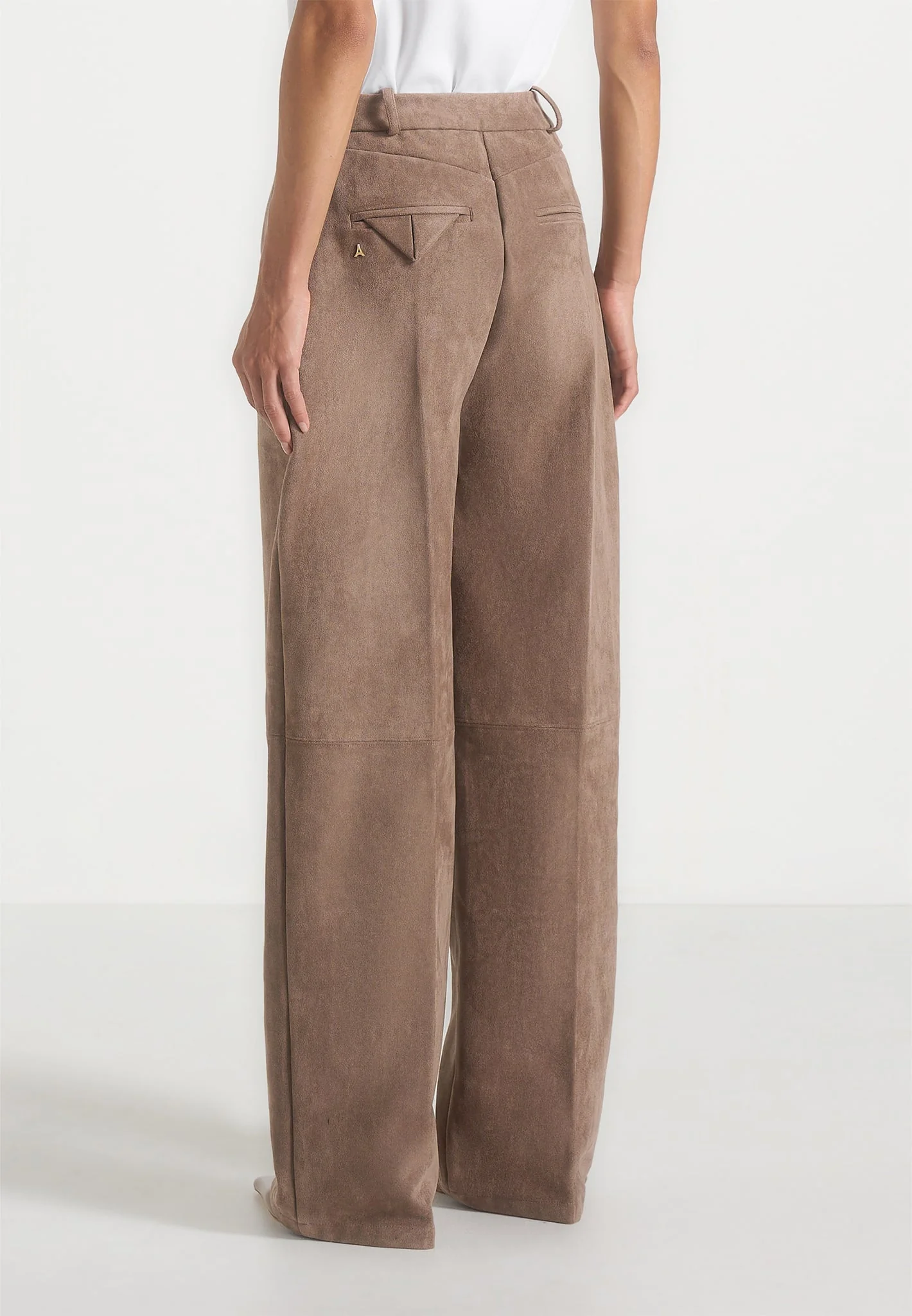 Solene - Suede Wide Leg Pleated Trousers - Taupe - Image 5