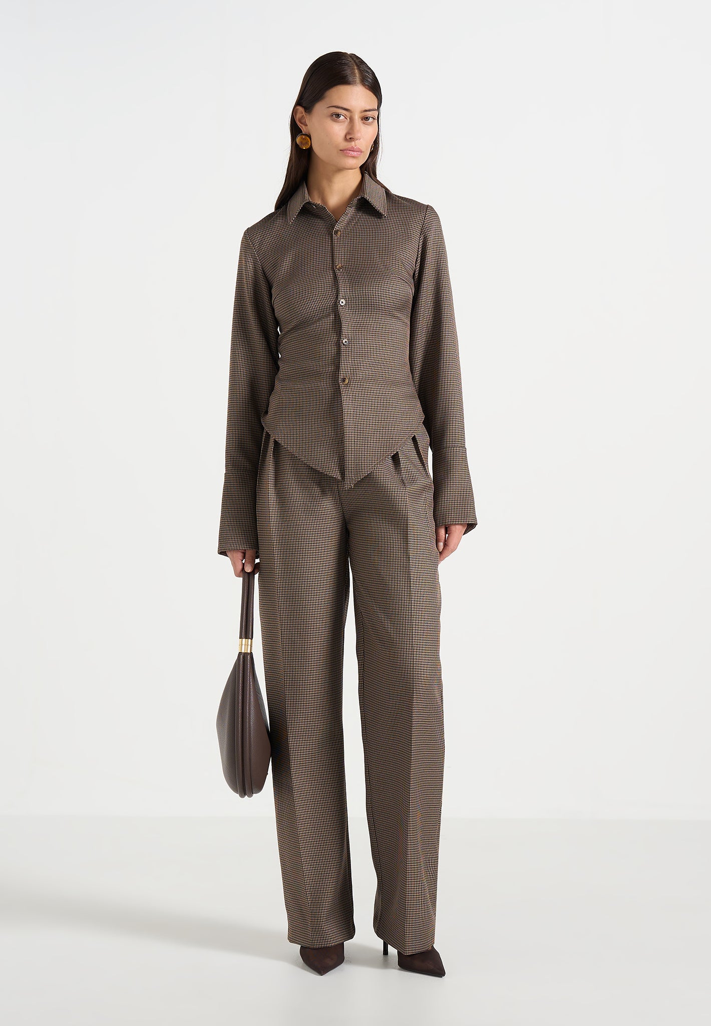 Sonia - Houndstooth Cinch Shirt - Brown - Image 2