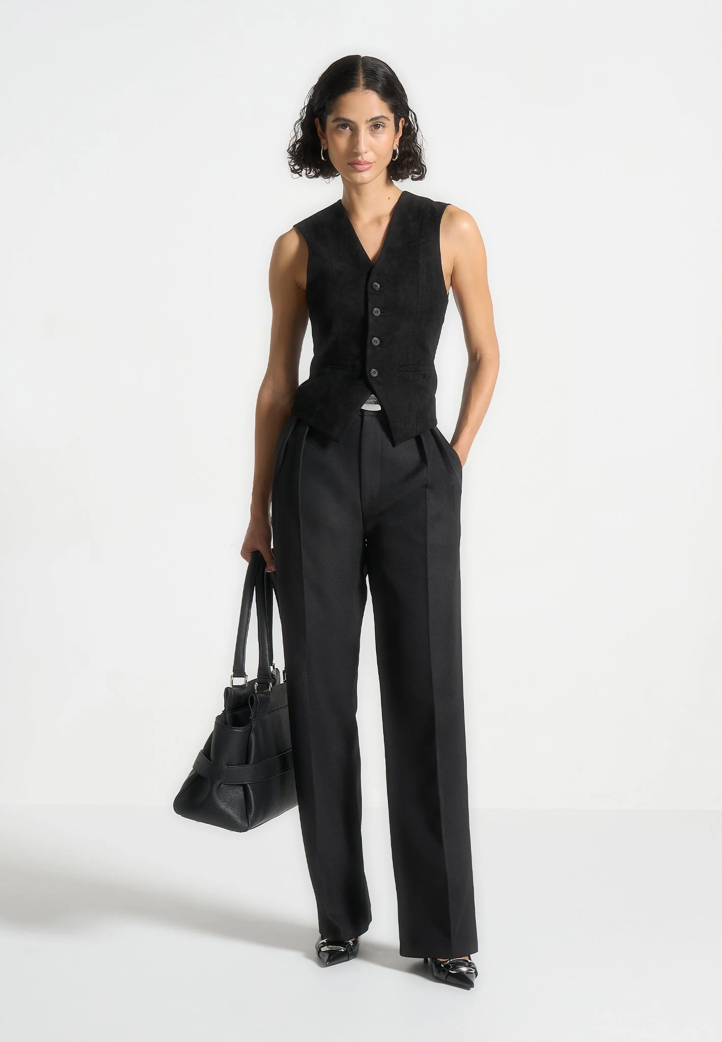 Christine - Suede Cinch Suit Vest - Black - Image 4