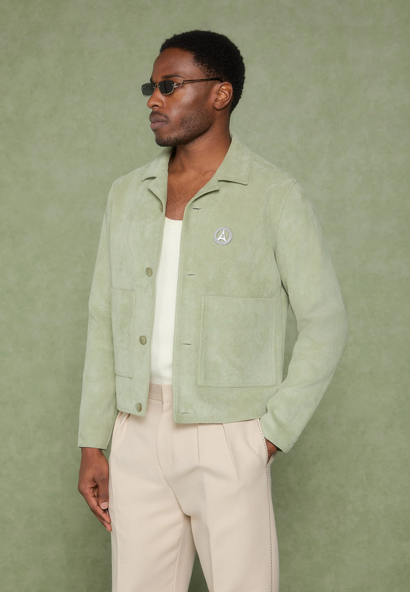 Michel - Suede Jacket with Revere Collar - Sage - Image 7