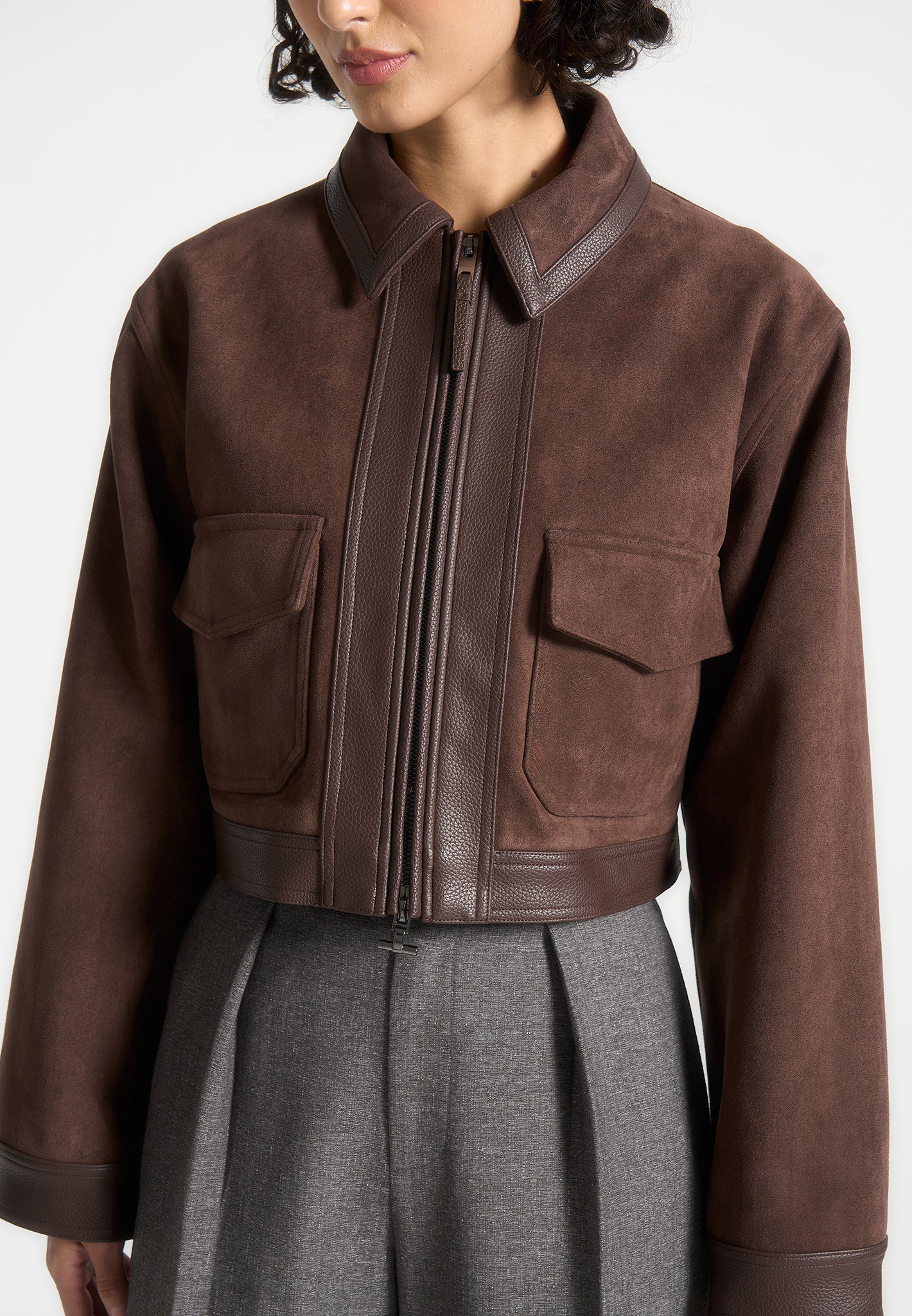 Denise - Suede & Pebbled Leather Jacket - Brown - Image 5