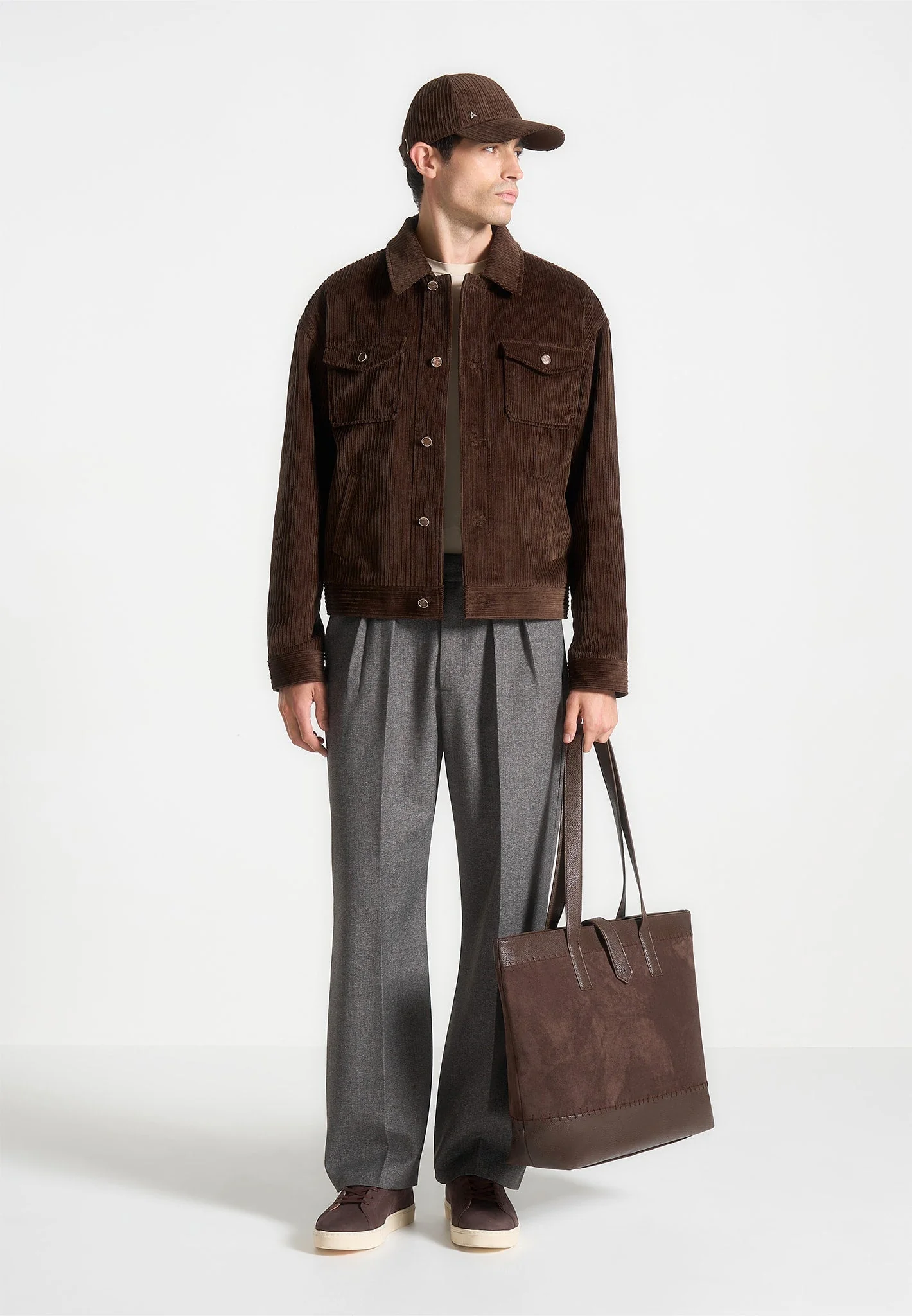 Nicolas - Suede & Pebbled Leather Whipstitch Tote Bag - Brown - Image 3