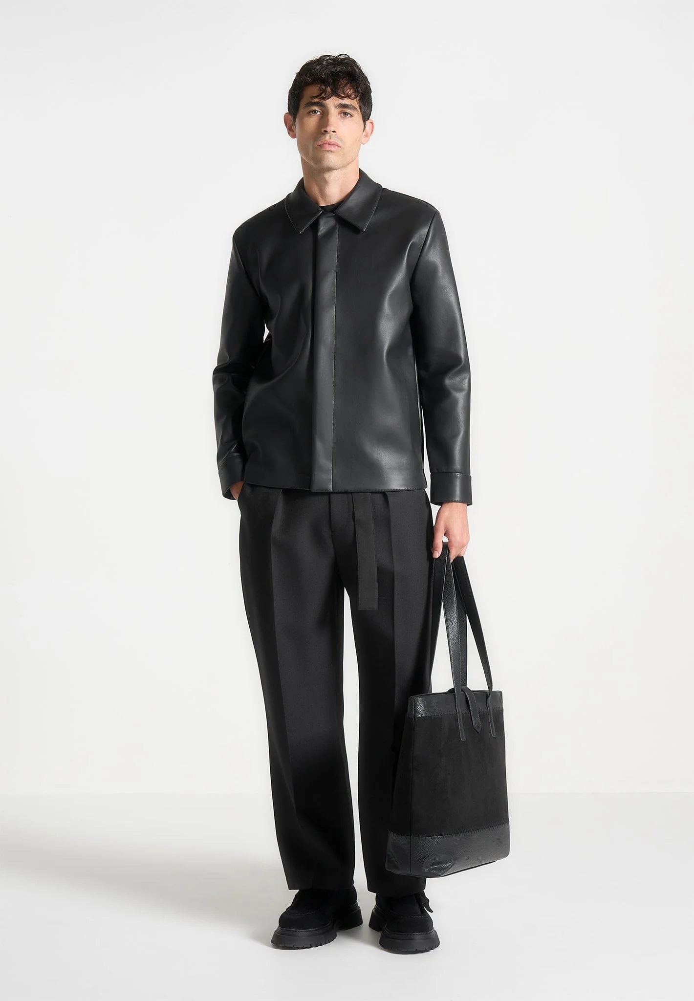 Nicolas - Suede & Pebbled Leather Whipstitch Tote Bag - Black - Image 3