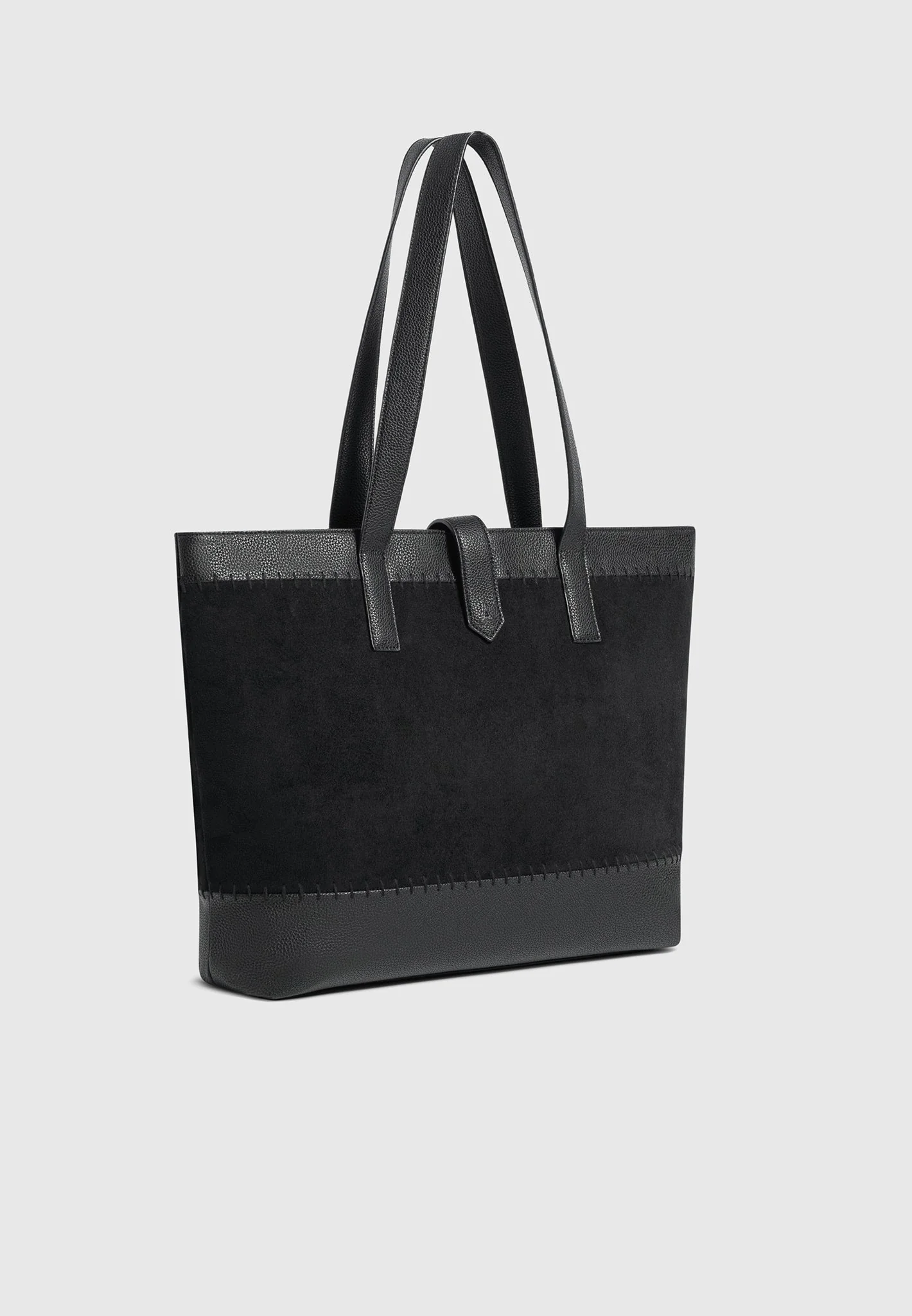 Nicolas - Suede & Pebbled Leather Whipstitch Tote Bag - Black - Image 5