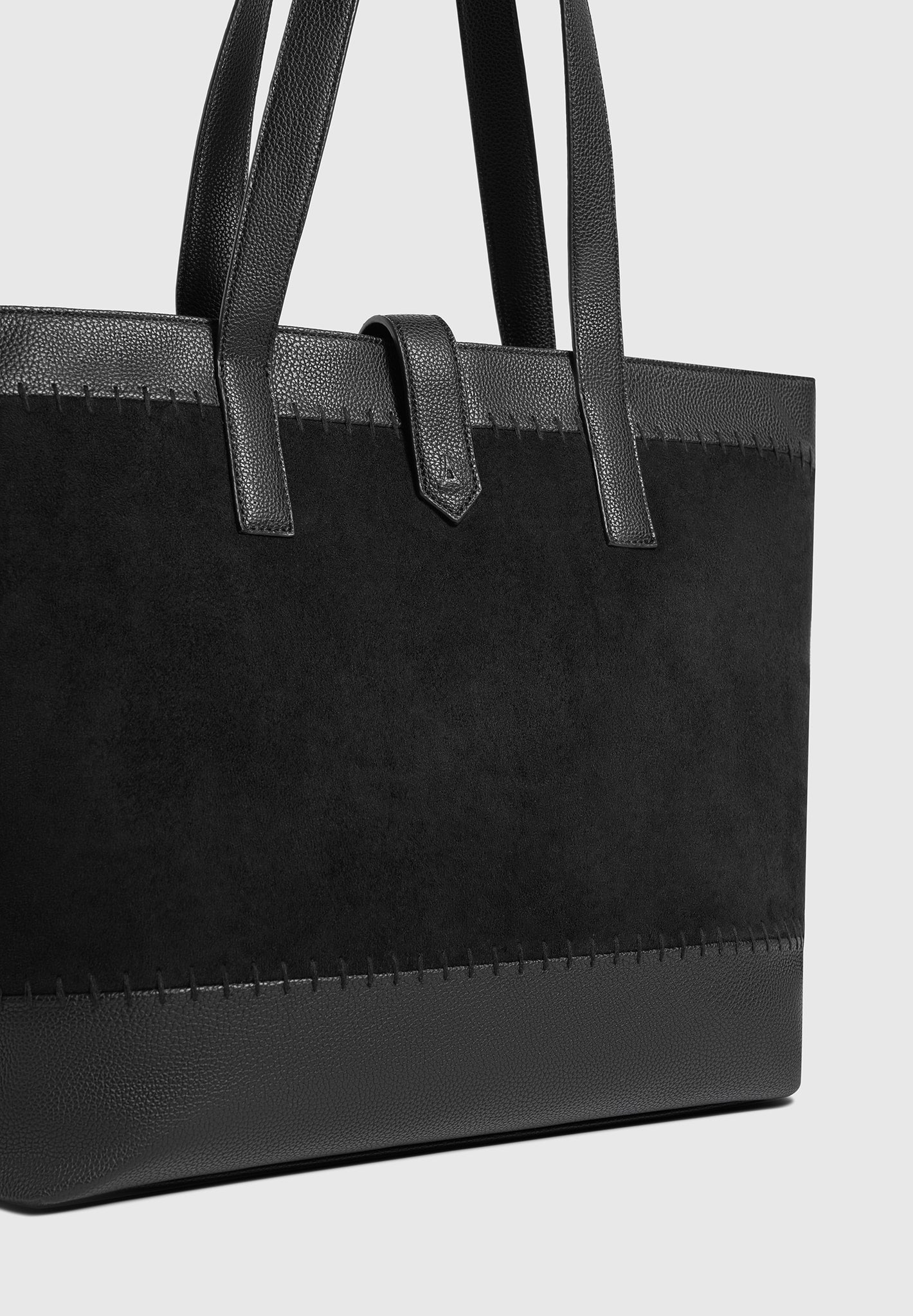 Nicolas - Suede & Pebbled Leather Whipstitch Tote Bag - Black - Image 6
