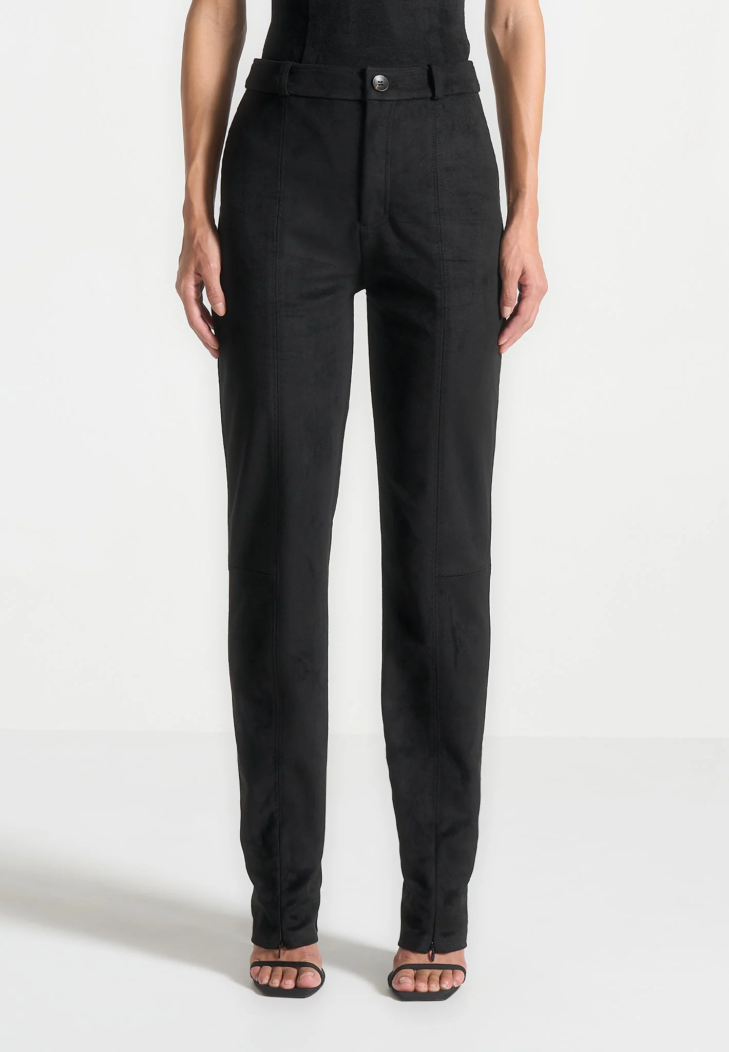 Suede Straight Leg Trousers - Black - Image 3