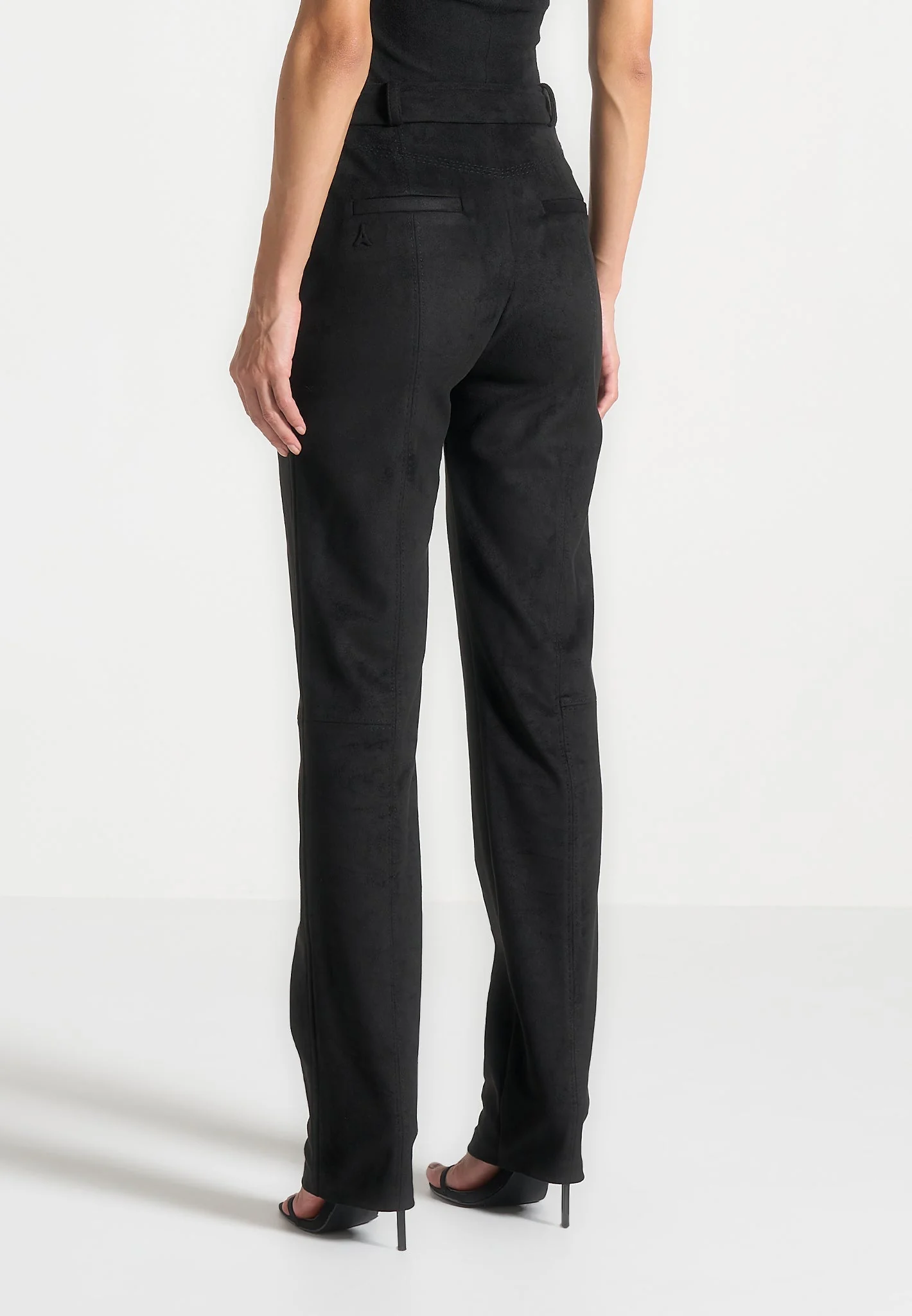 Suede Straight Leg Trousers - Black - Image 5
