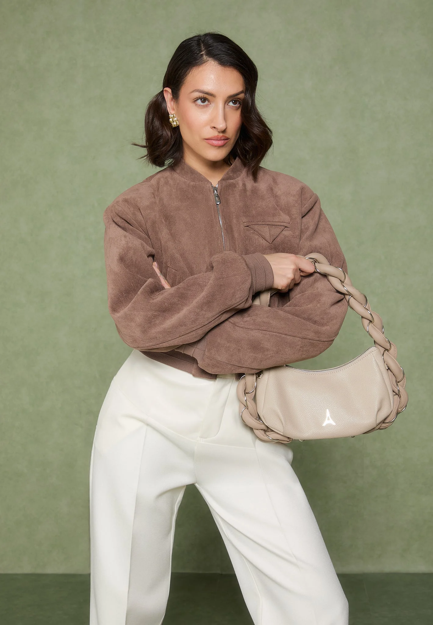 Monique - Suede Wide Shoulder Bomber Jacket - Taupe - Image 3