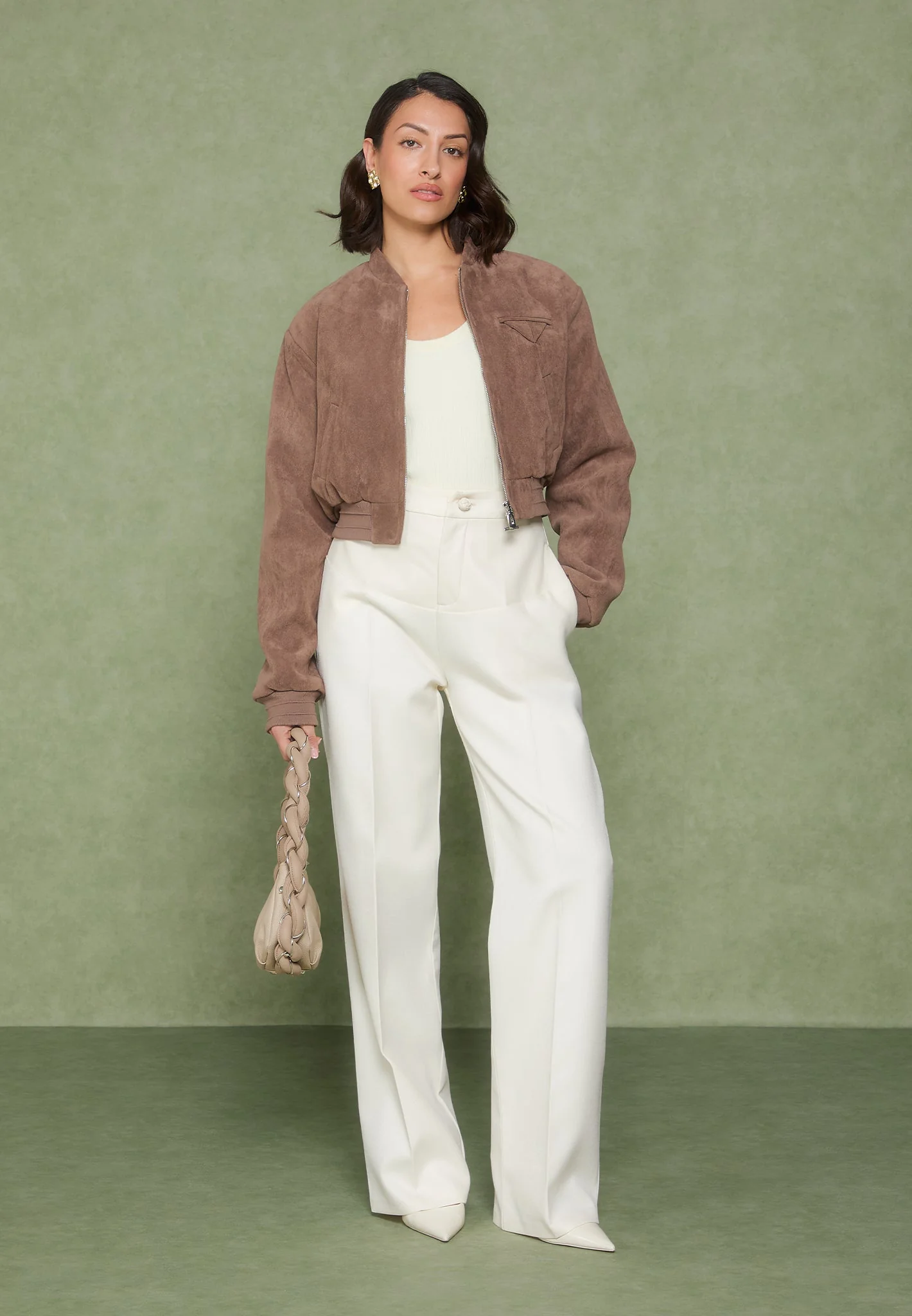 Monique - Suede Wide Shoulder Bomber Jacket - Taupe - Image 4