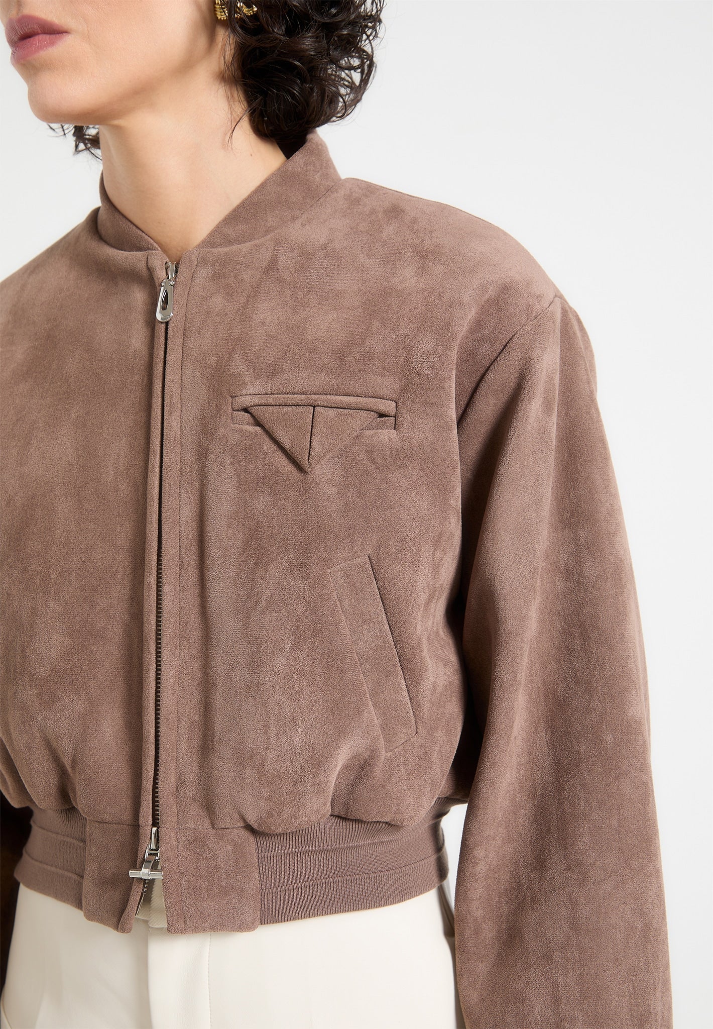 Monique - Suede Wide Shoulder Bomber Jacket - Taupe - Image 6