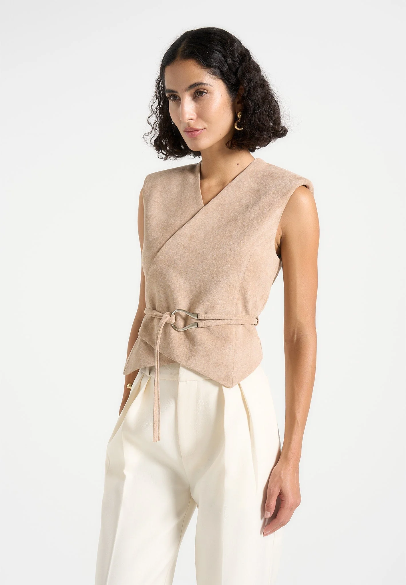 Jeanne - Suede Wrap Suit Vest with Belt - Taupe - Image 3