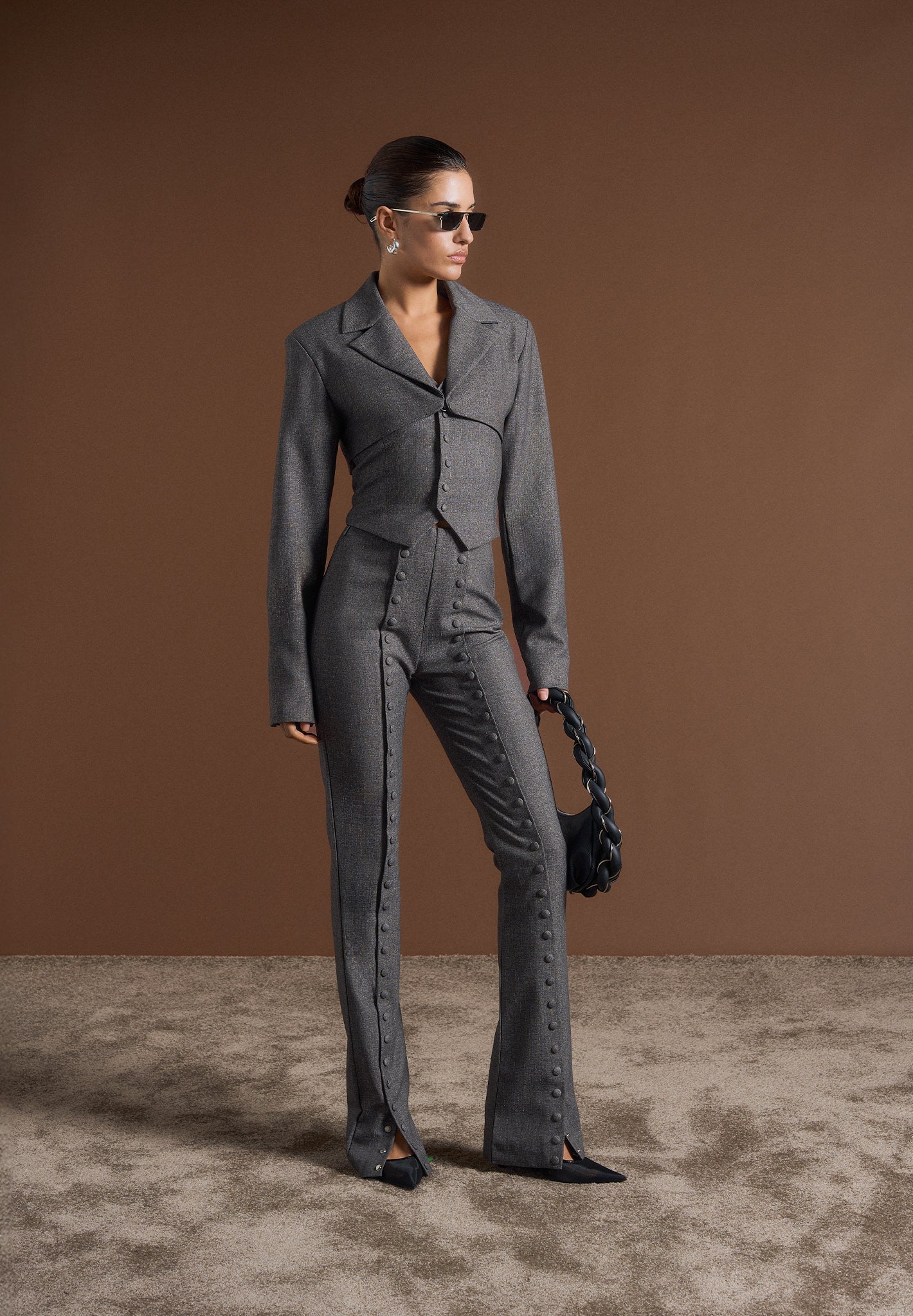 Therese - Tailored Button Detail Trousers - Dark Grey - Image 3
