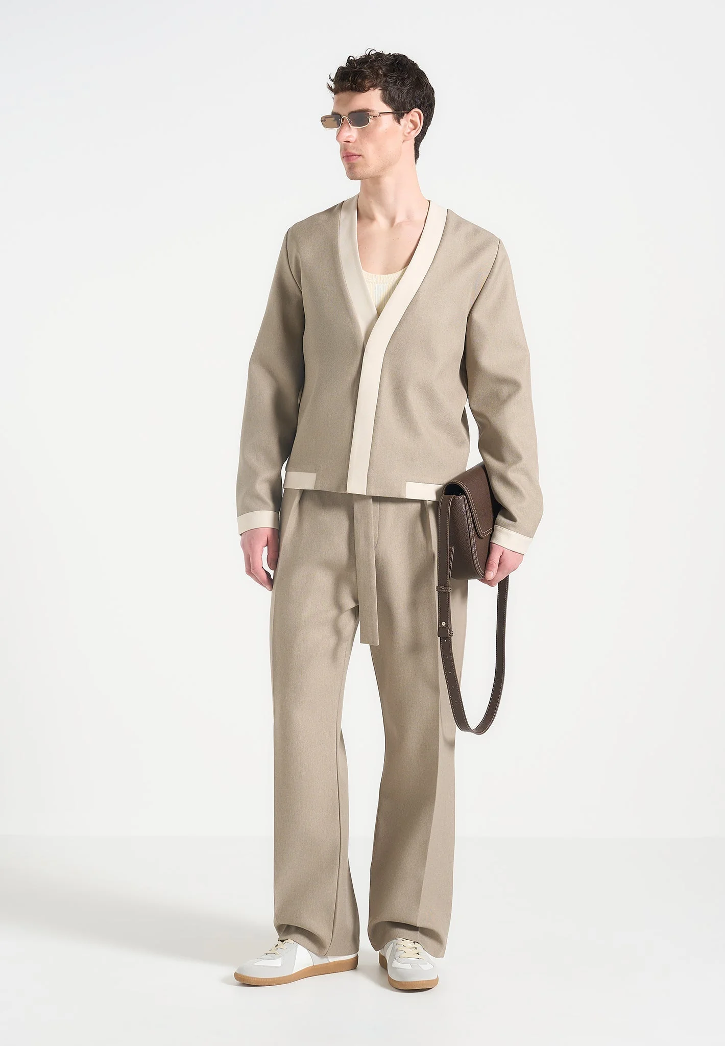 Clovis - Tailored Cardigan with Contrast Placket - Beige