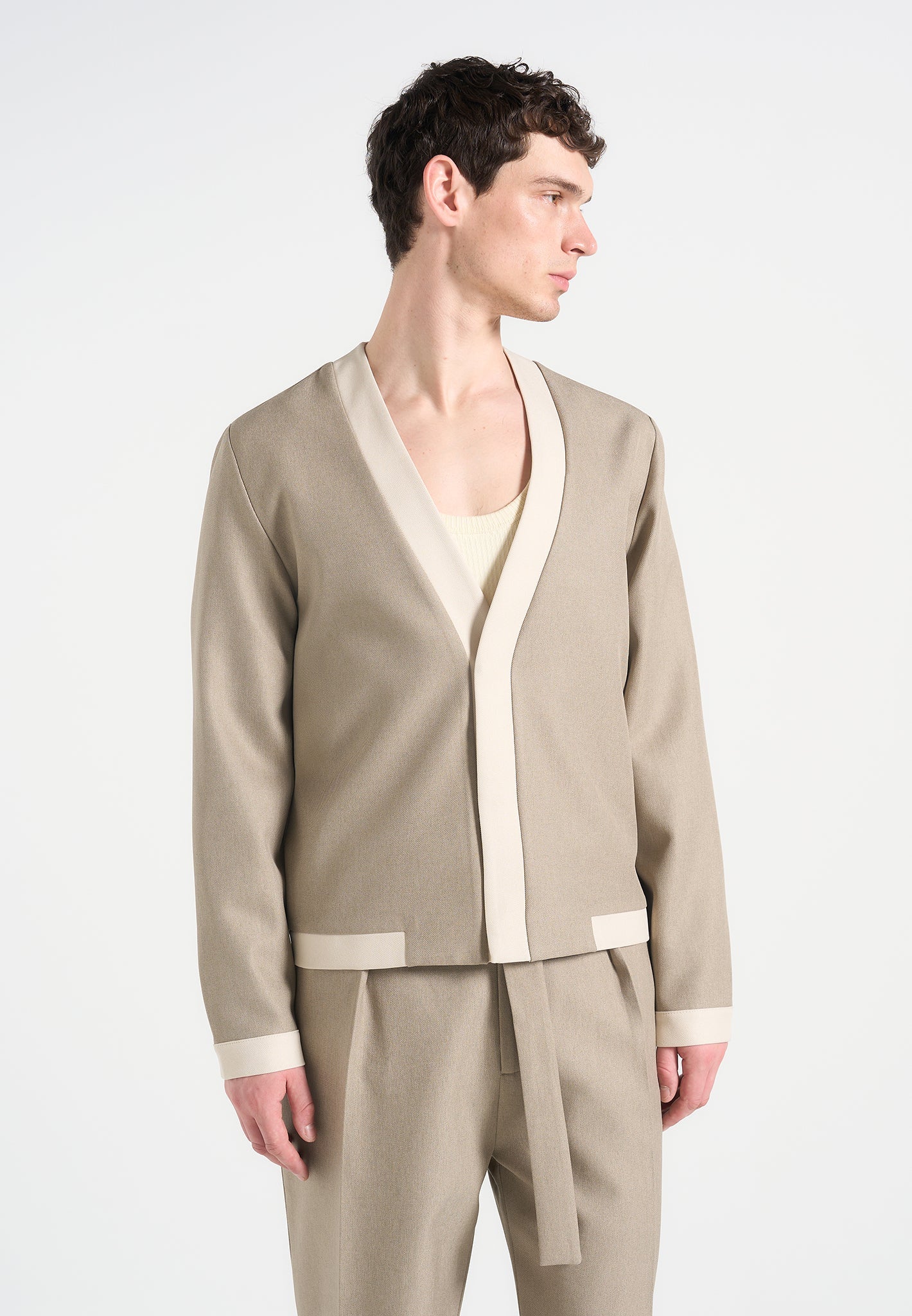 Clovis - Tailored Cardigan with Contrast Placket - Beige - Image 2