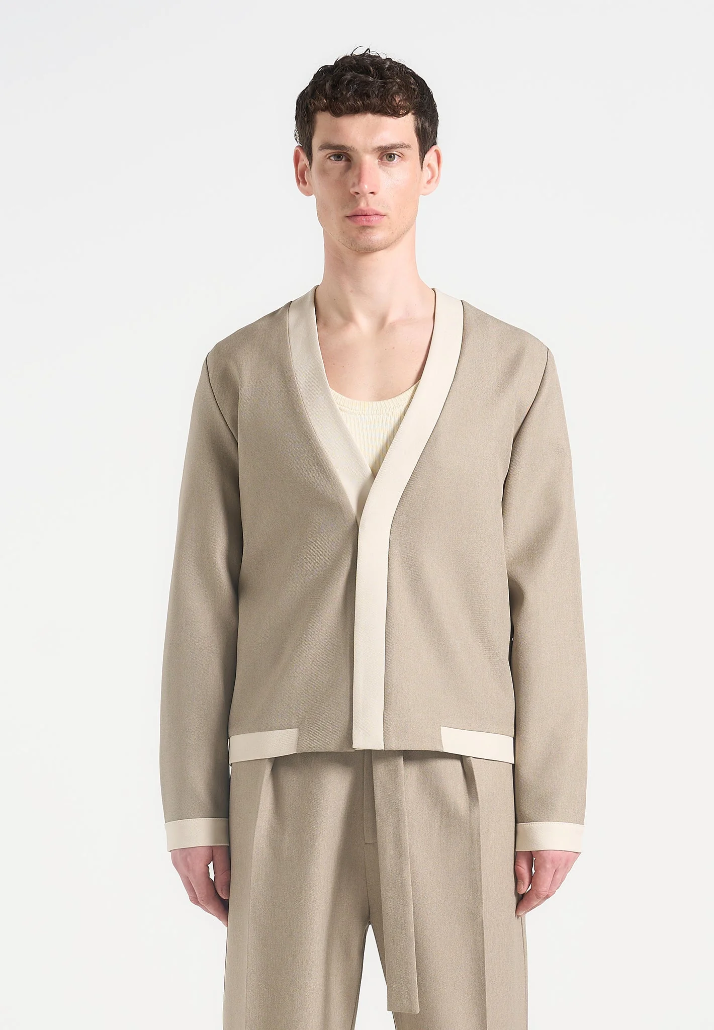 Clovis - Tailored Cardigan with Contrast Placket - Beige - Image 4