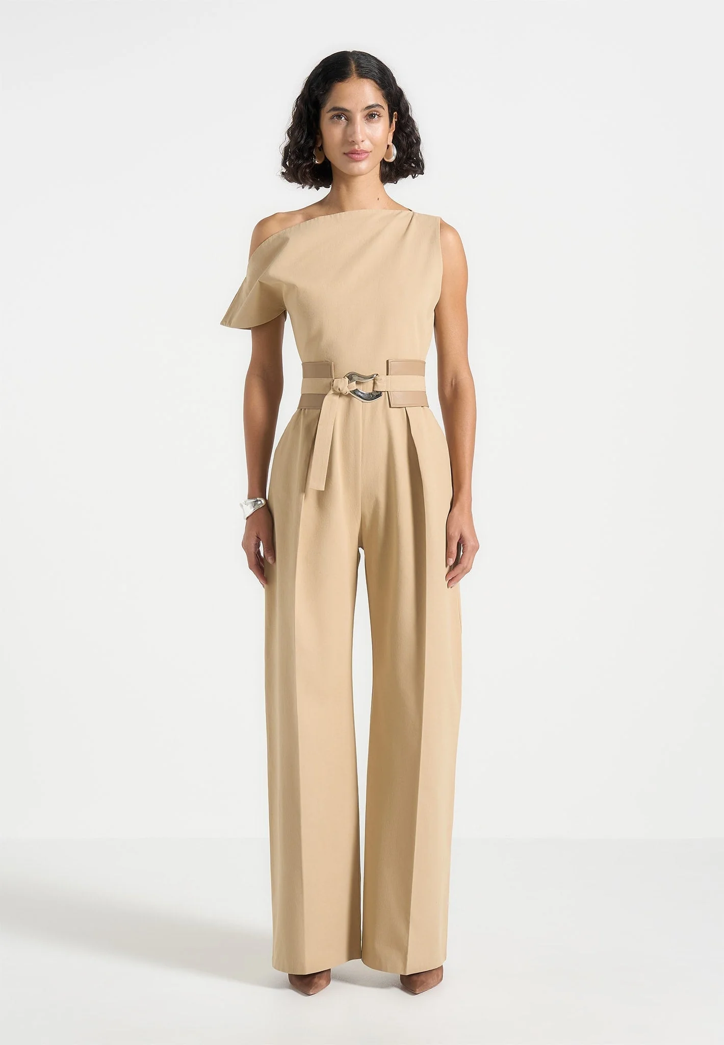 Valerie - Tailored Off Shoulder Jumpsuit with Belt - Beige - Image 4