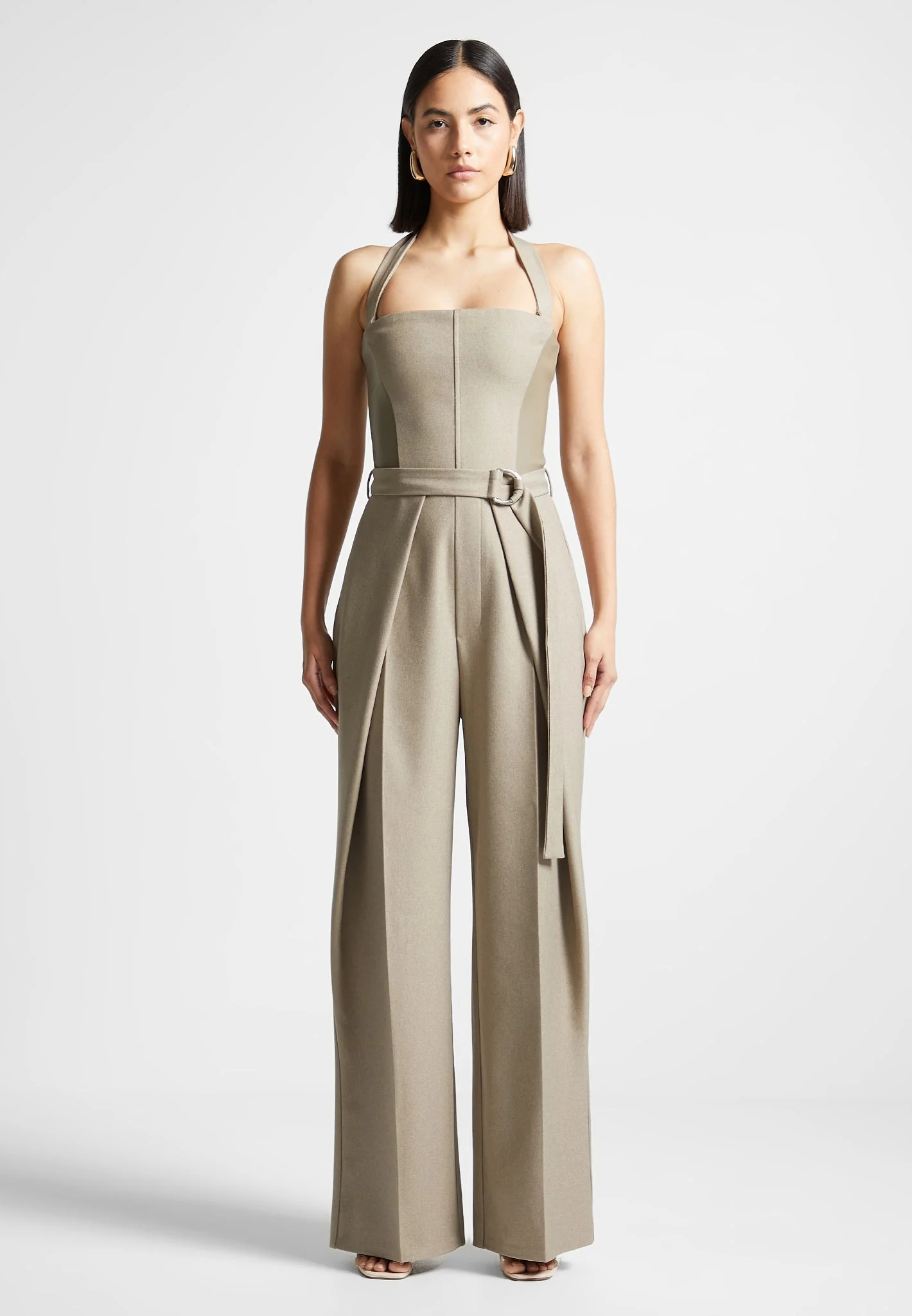 Sabine - Tailored Pleat Jumpsuit with Belt - Beige - Image 3