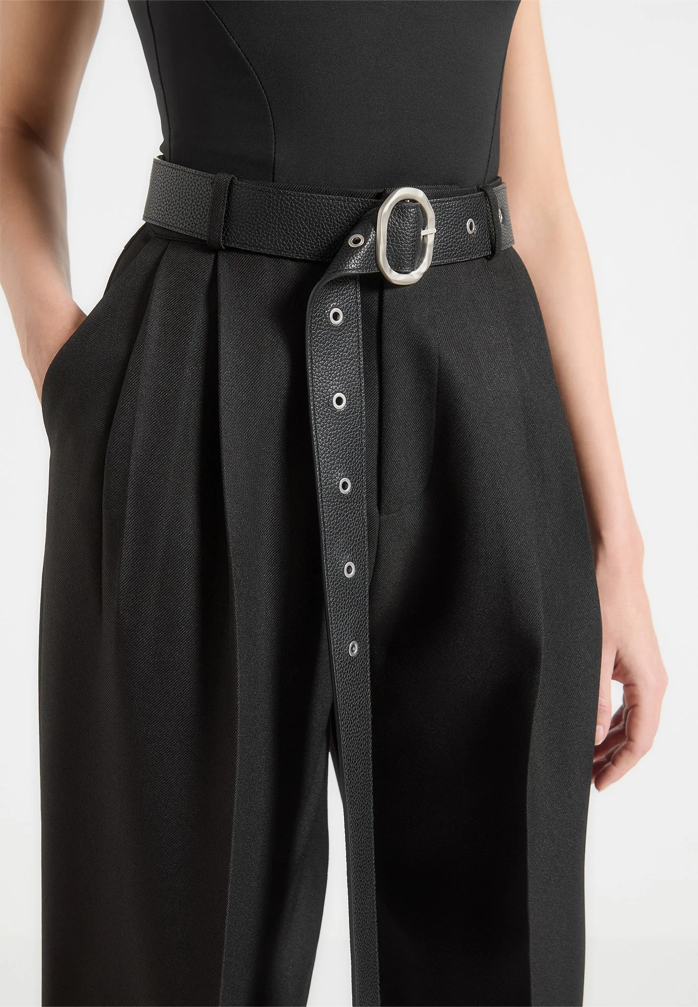 Suzanne - Tailored Trousers with Oversized Belt and Ankle Ties - Black - Image 3