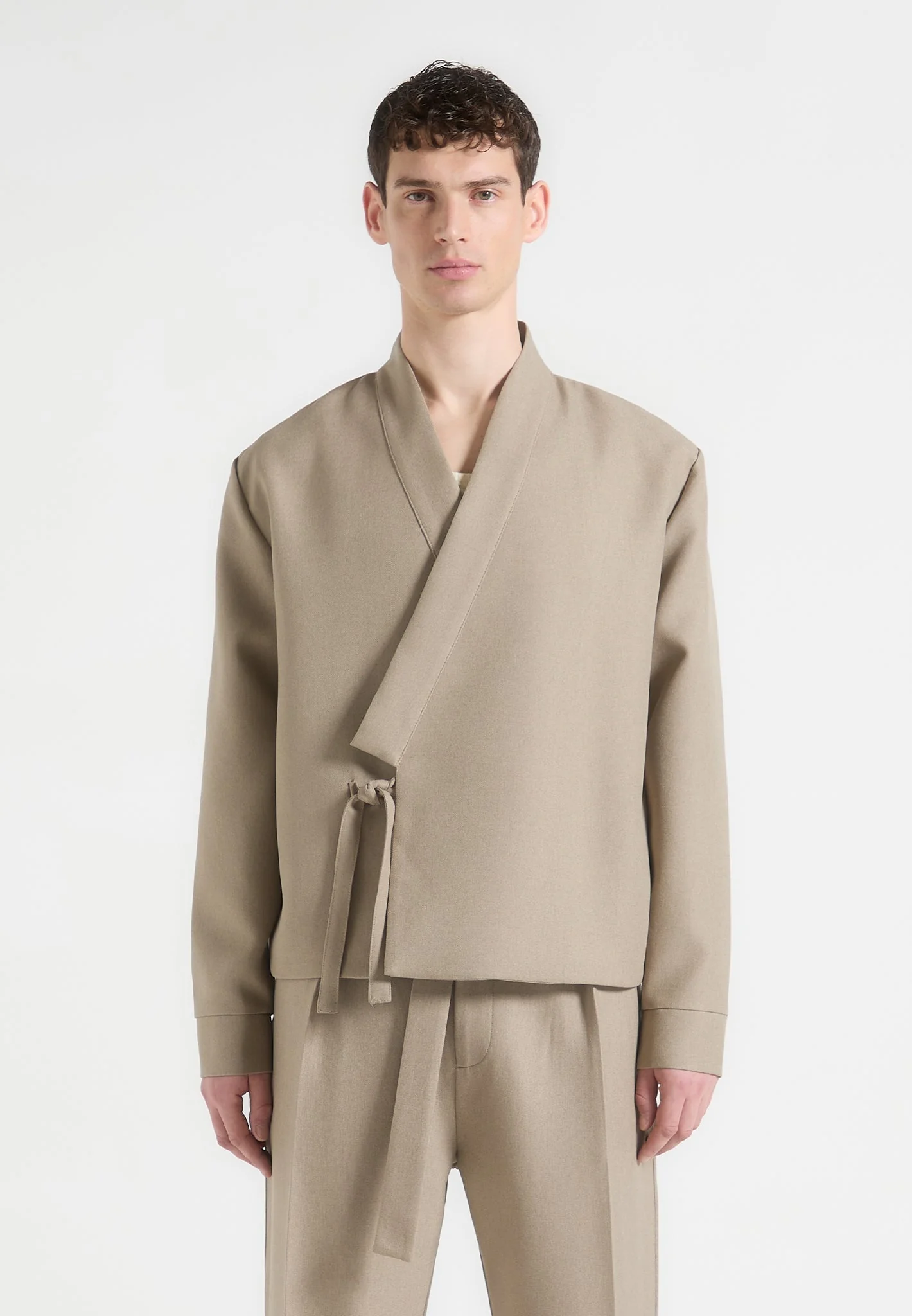 Robin - Textured Kimono Wrap Jacket - Beige - Image 2